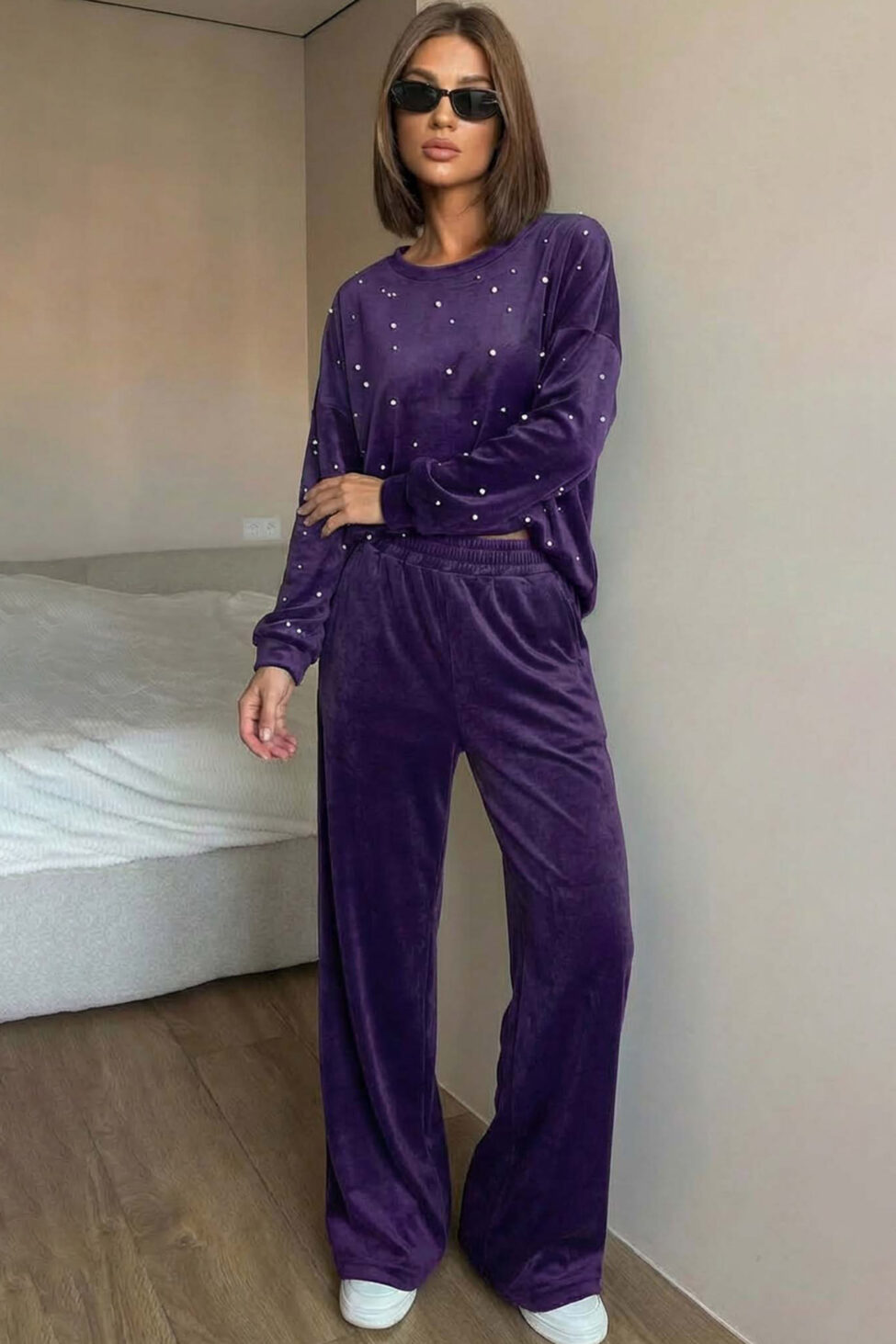 Majority σετ βελούδινο με διακοσμητικές πέρλες μωβ - Image 2