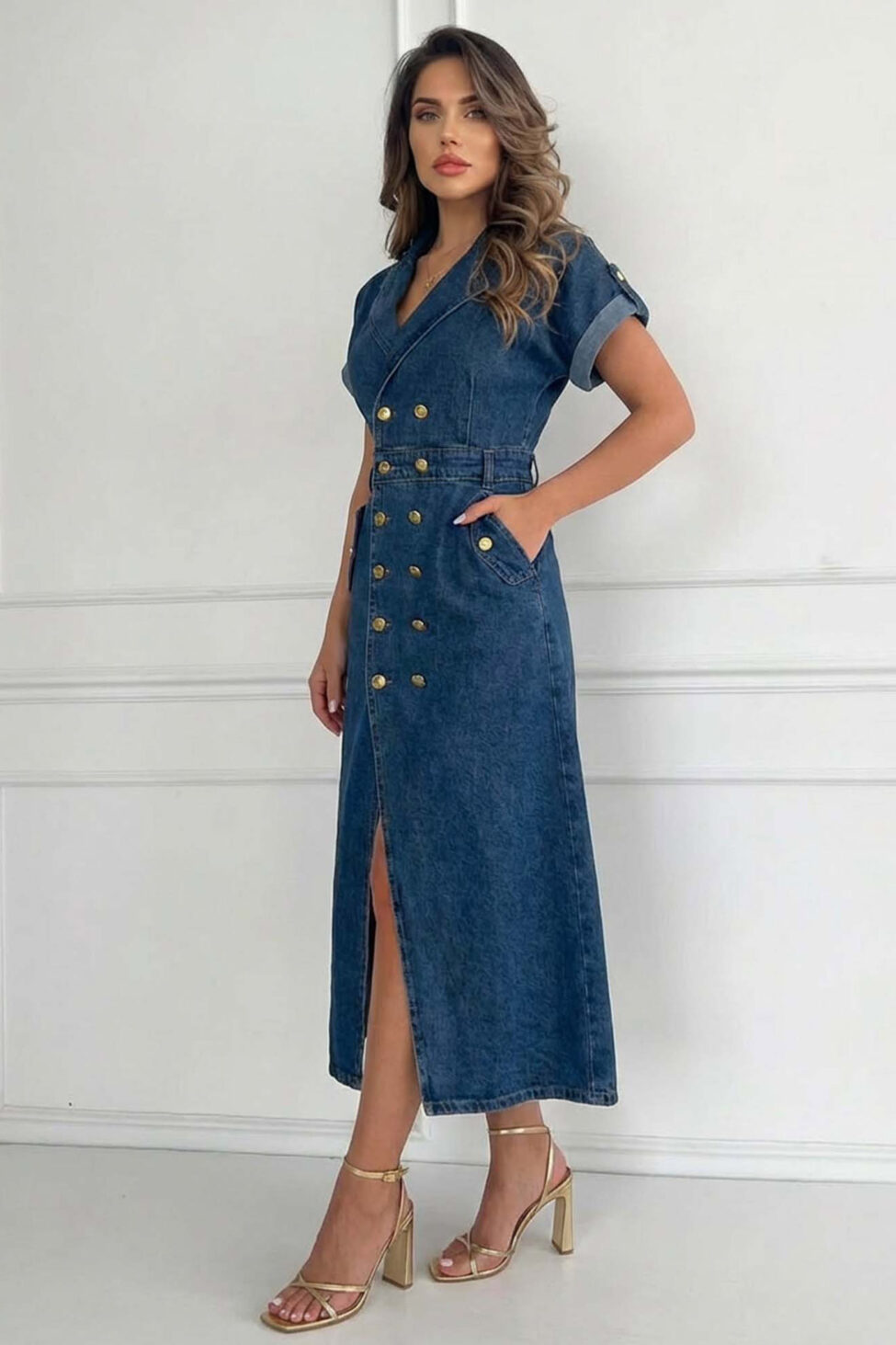 Malfa τζιν φόρεμα με χρυσά κουμπιά μπλε - Image 2