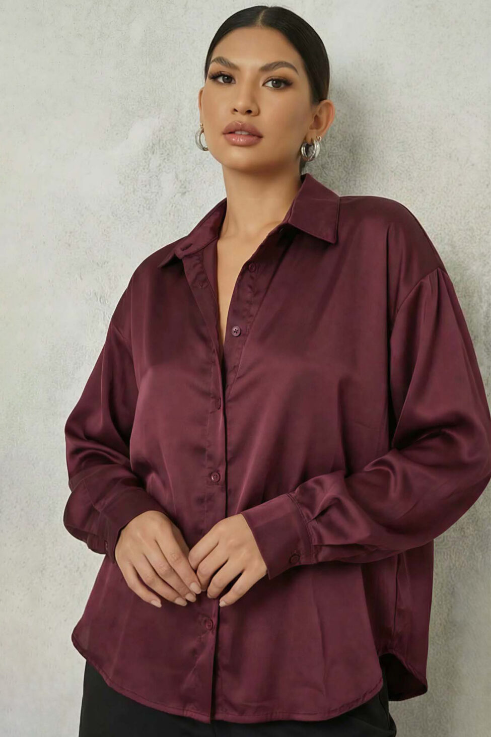 Miranda  πουκάμισο με όψη σατέν μπορντό - Image 2