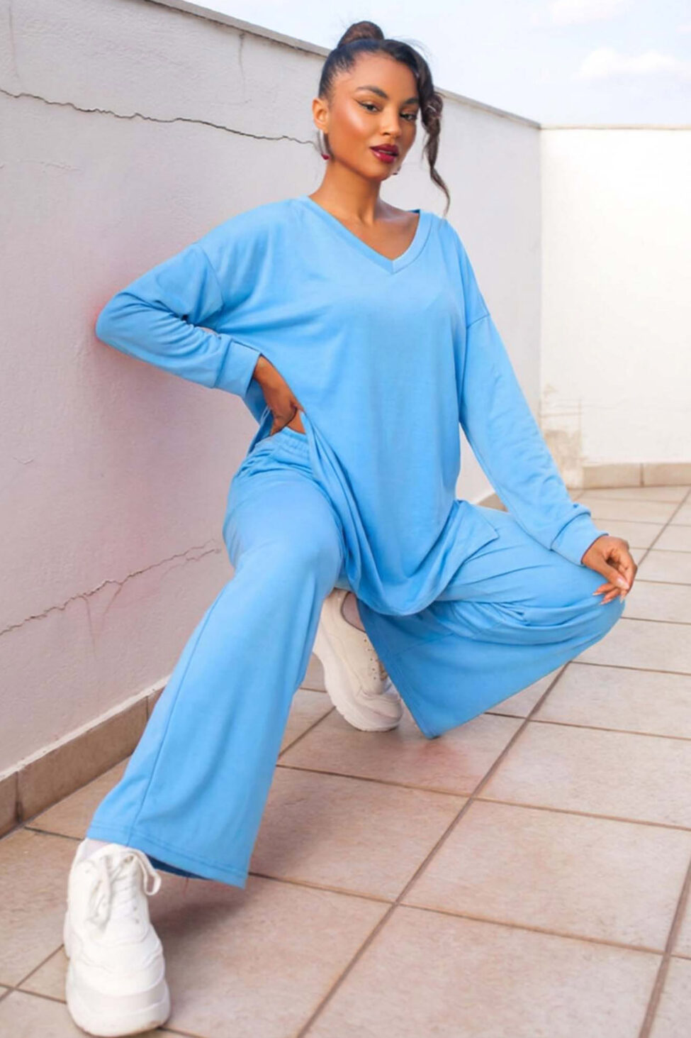 Novelis βελούδινο σετ μπλούζα-παντελόνι σιελ - Image 2