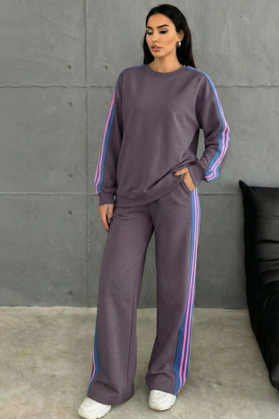 Offensive σετ φόρμας φούτερ και φαρδύ παντελόνι με ρίγες γκρι - Image 2