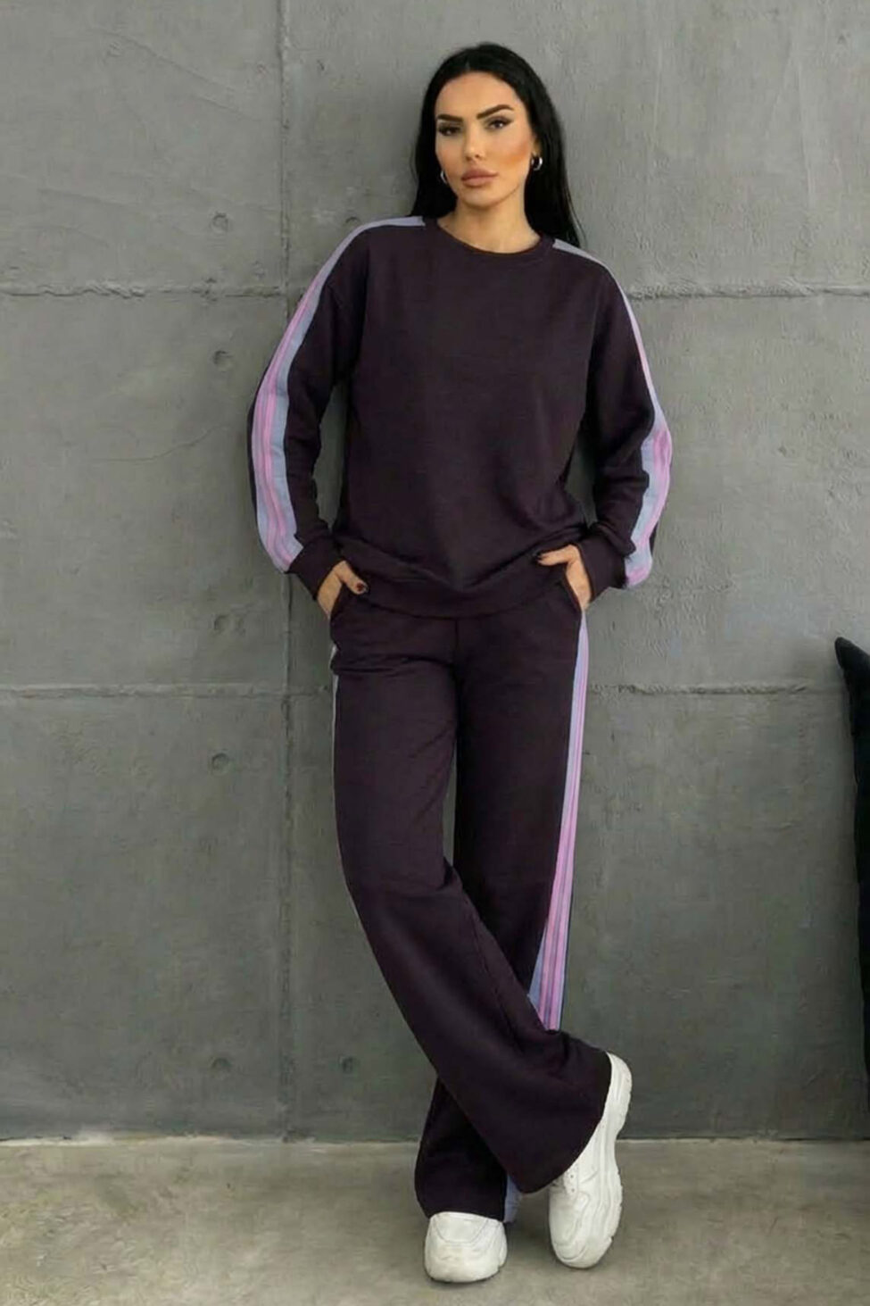 Offensive σετ φόρμας φούτερ και φαρδύ παντελόνι με ρίγες καφέ σκούρο - Image 2