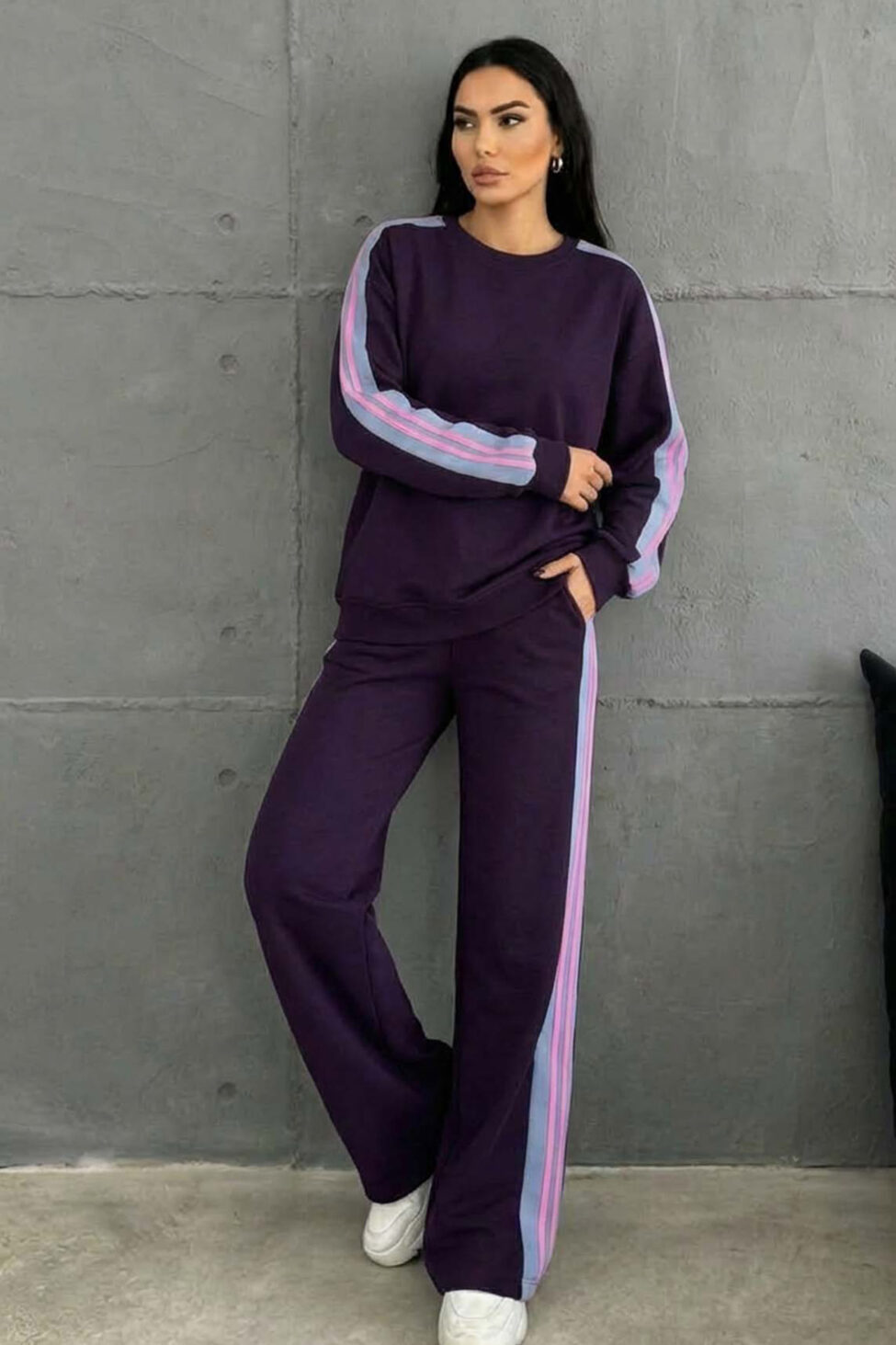 Offensive σετ φόρμας φούτερ και φαρδύ παντελόνι με ρίγες μωβ - Image 2