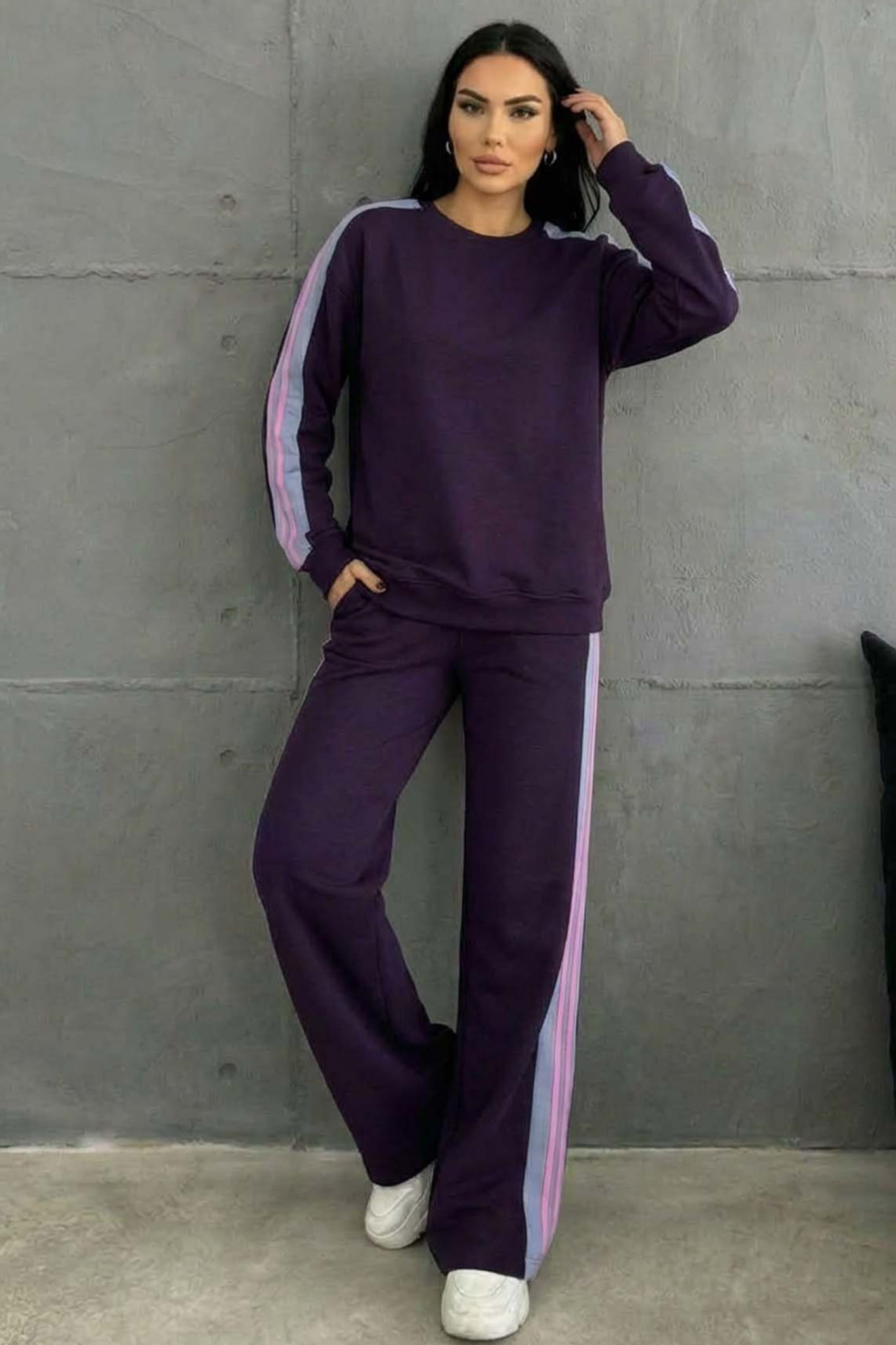 Offensive σετ φόρμας φούτερ και φαρδύ παντελόνι με ρίγες μωβ Offensive σετ φόρμας φούτερ και φαρδύ παντελόνι με ρίγες μωβ - Image 1