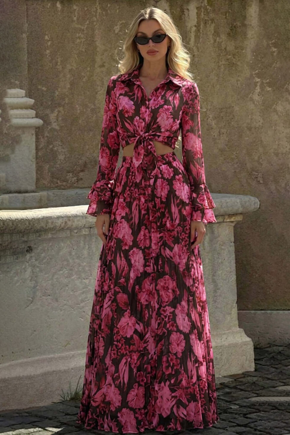 Petalia φλοράλ σετ πουκάμισο φούστα φούξια - Image 2