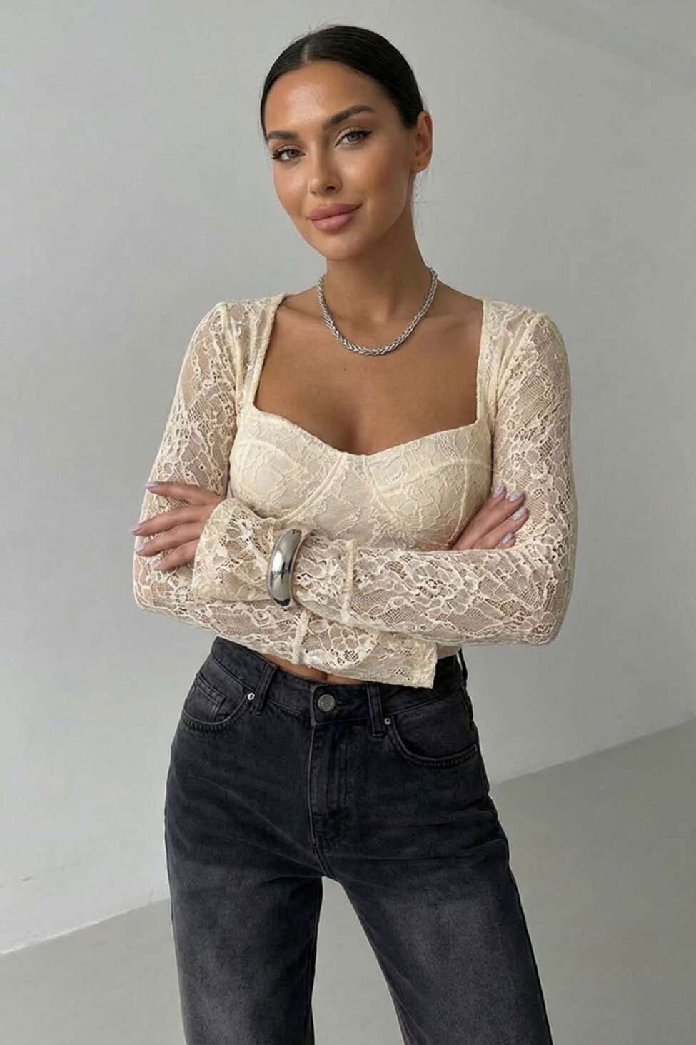 Pretty μπλούζα δαντέλα με cups εκρού - Image 2