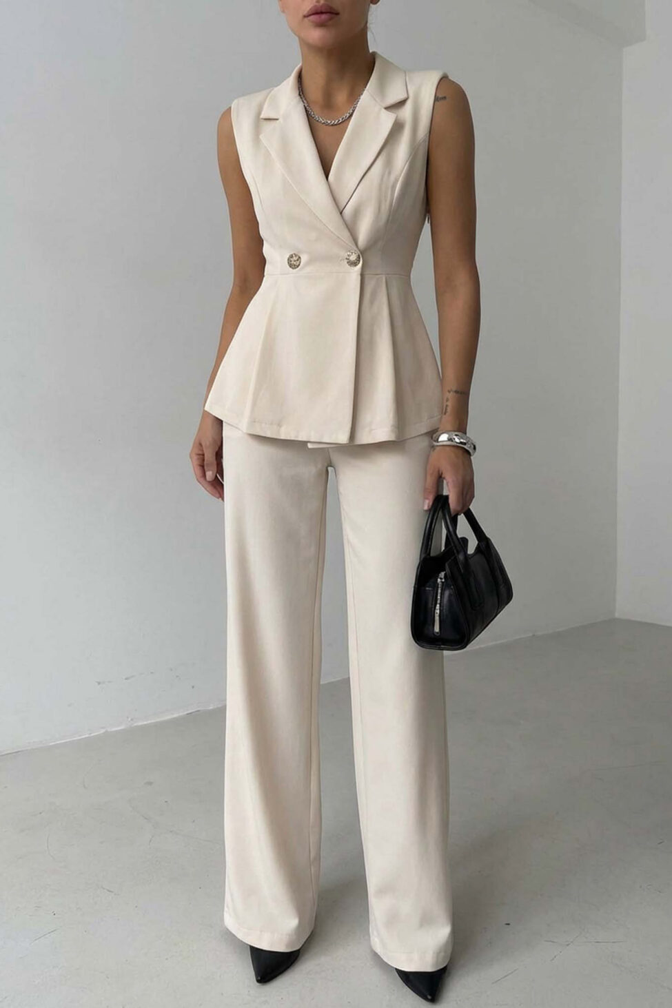 Proper σετ αμάνικο γιλέκο παντελόνι εκρού - Image 2