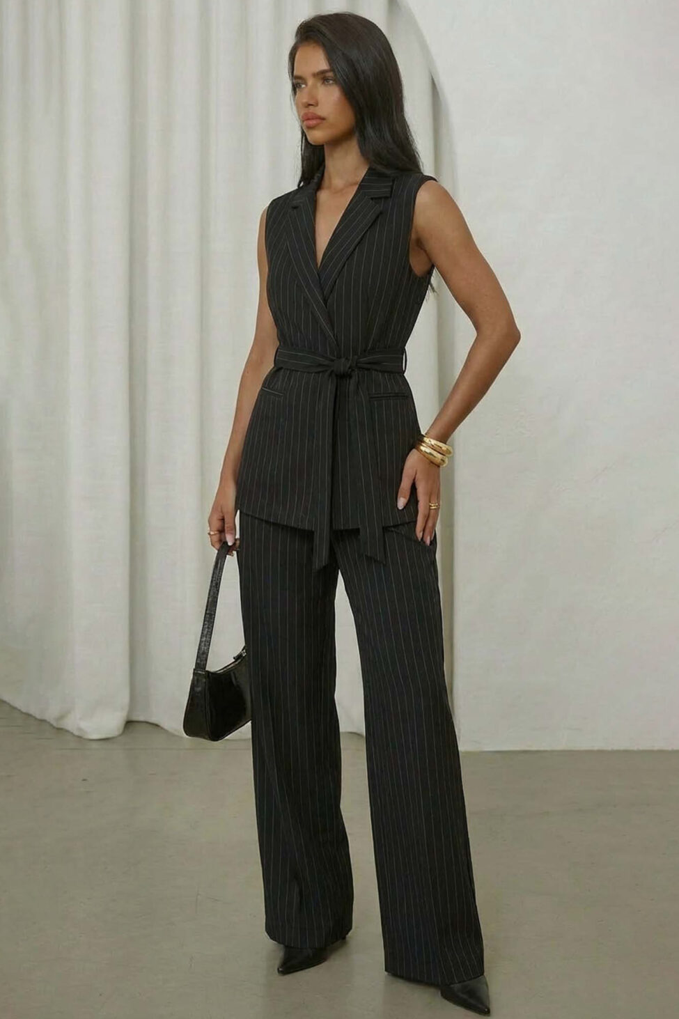 Reese σετ γιλέκο παντελόνι με ρίγες μαύρο - Image 2