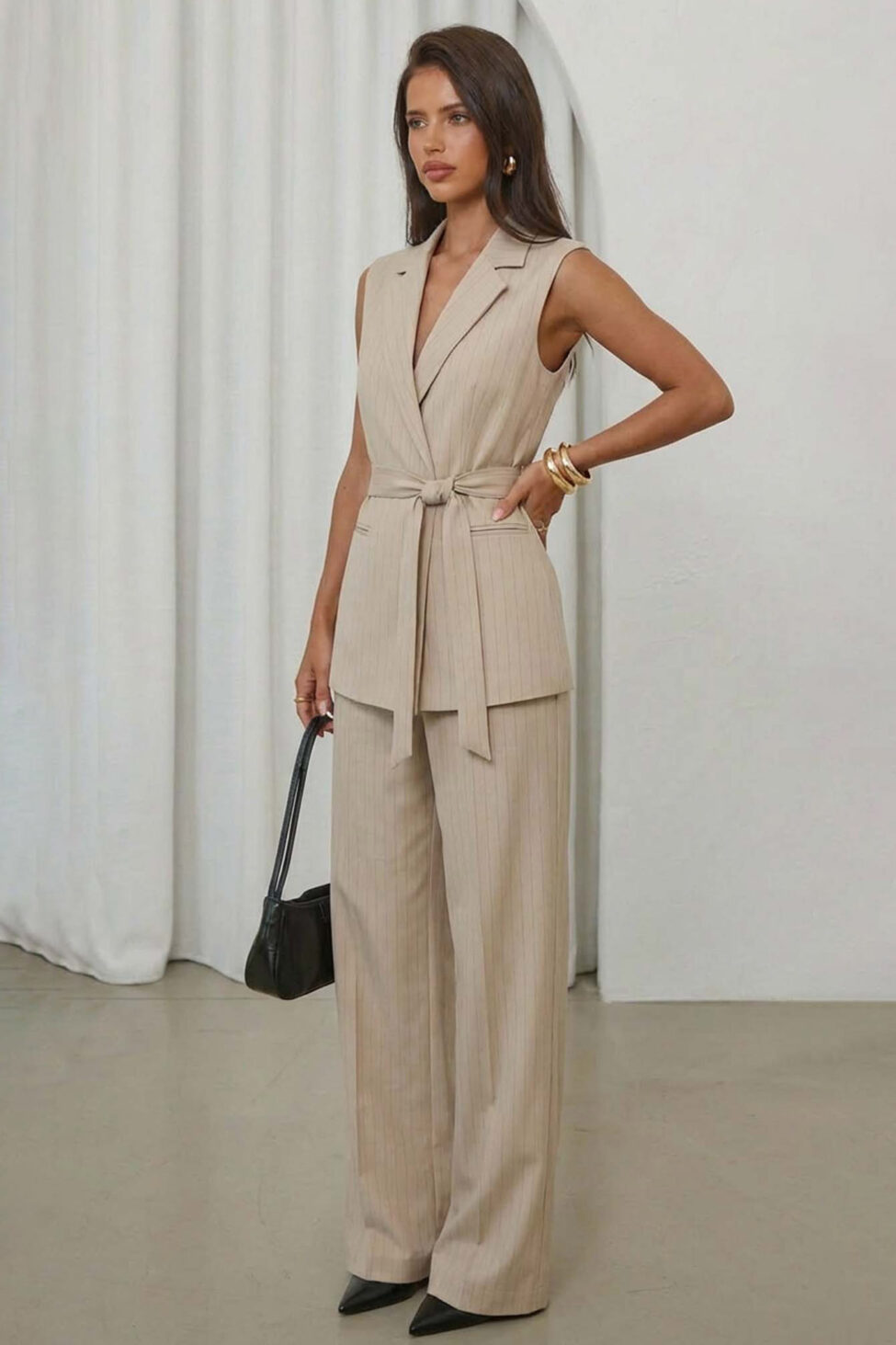 Reese σετ γιλέκο παντελόνι με ρίγες μπεζ - Image 2