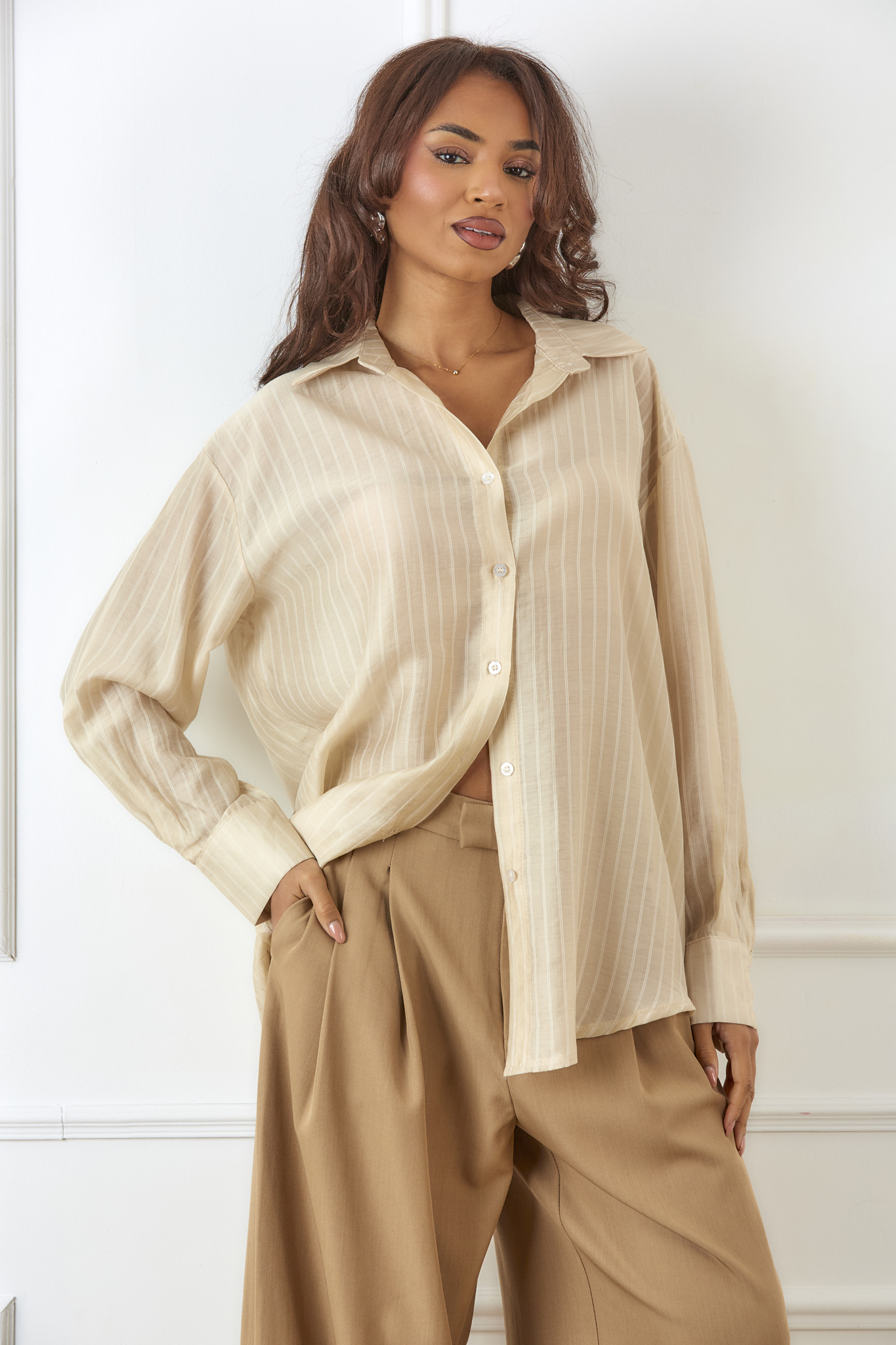 Seline μπεζ Seline πουκάμισο ριγέ με κλασσικό γιακά μπεζ - Image 1