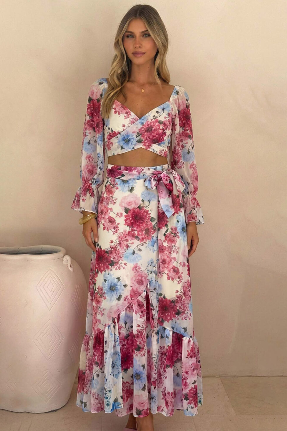 Sunflower σετ cropped top-μάξι φούστα floral ροζ - Image 2