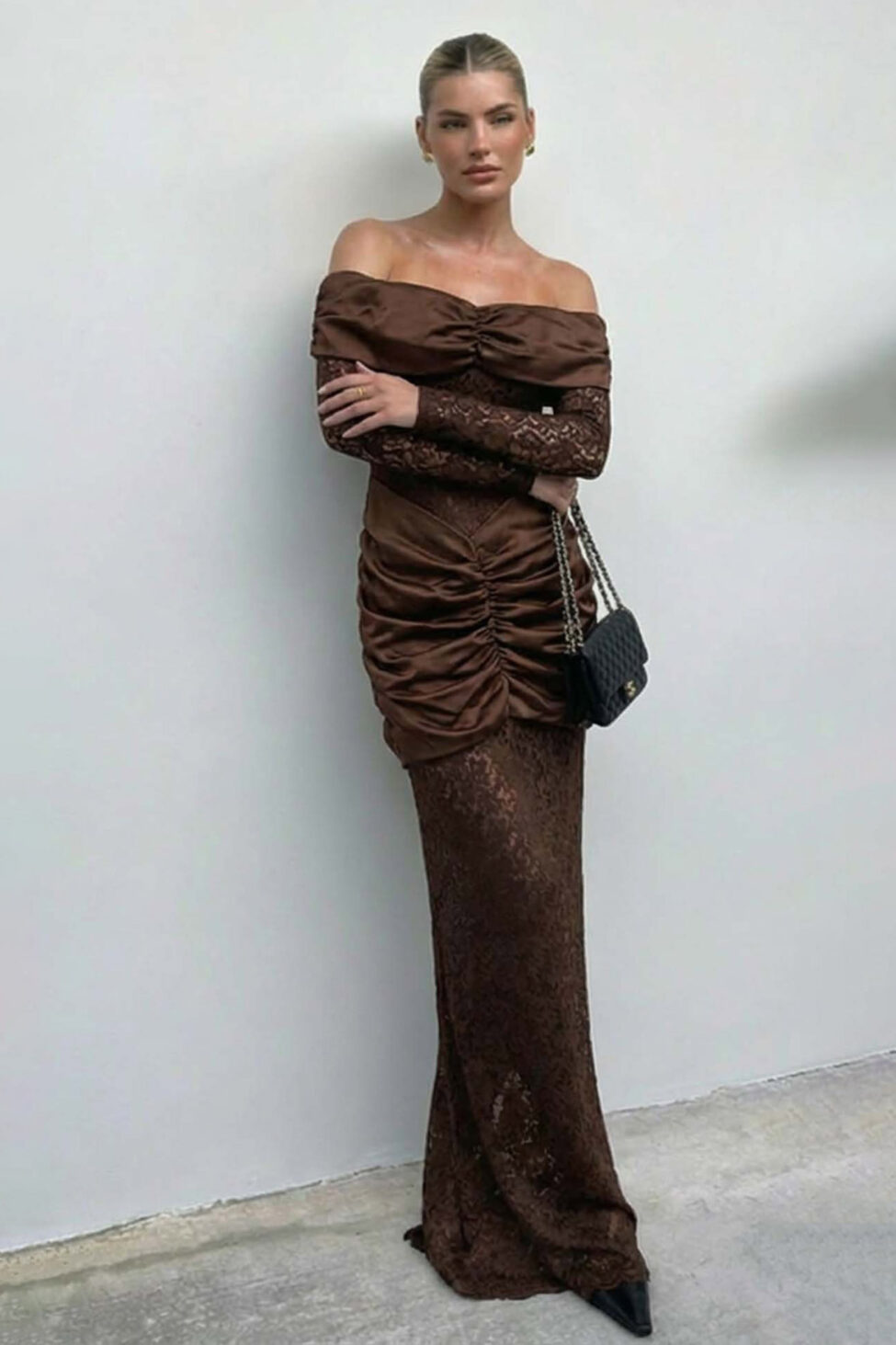 Valegro μάξι φόρεμα με δαντέλα καφέ - Image 2
