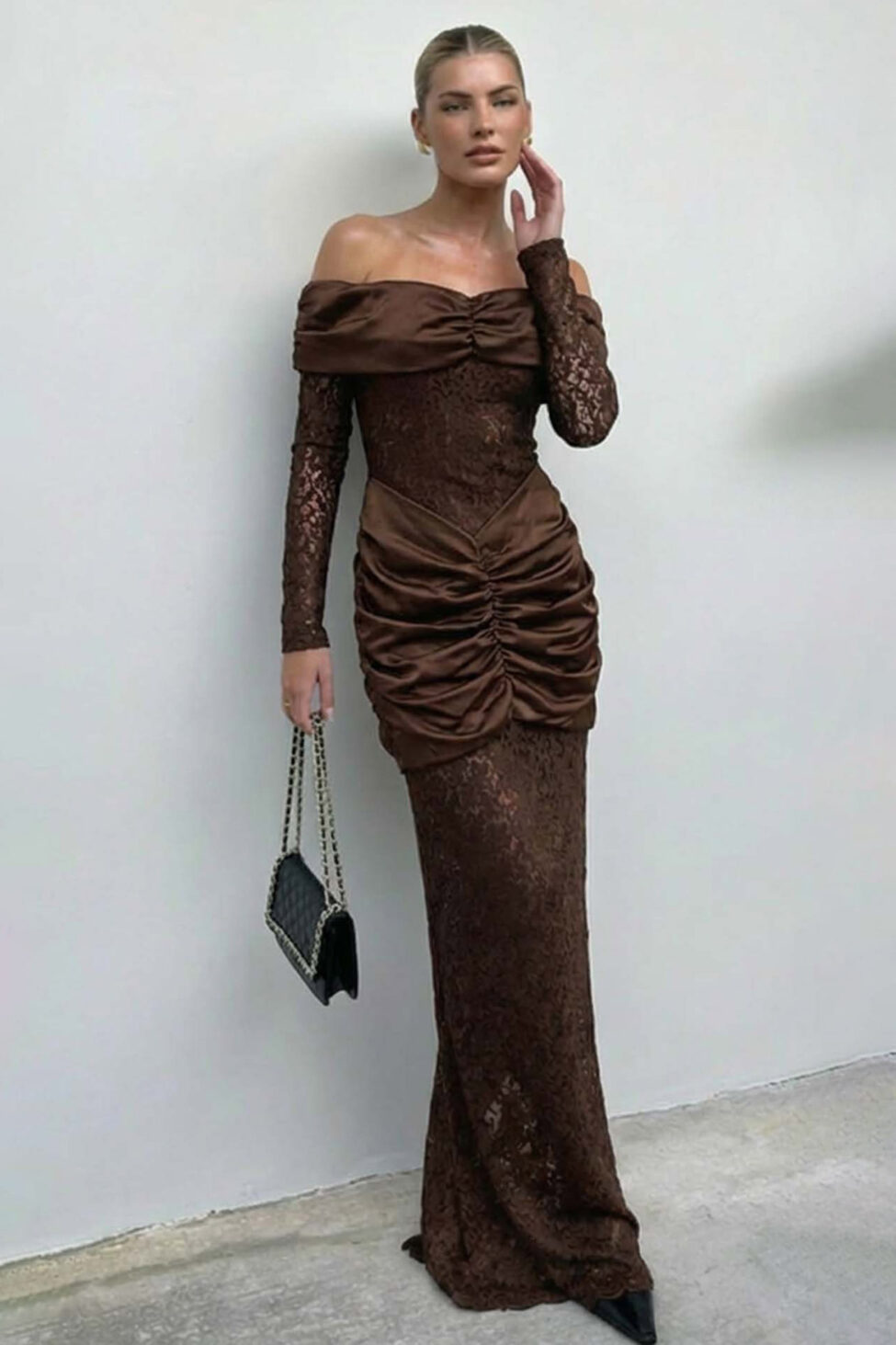 Valegro μάξι φόρεμα με δαντέλα καφέ - Image 2