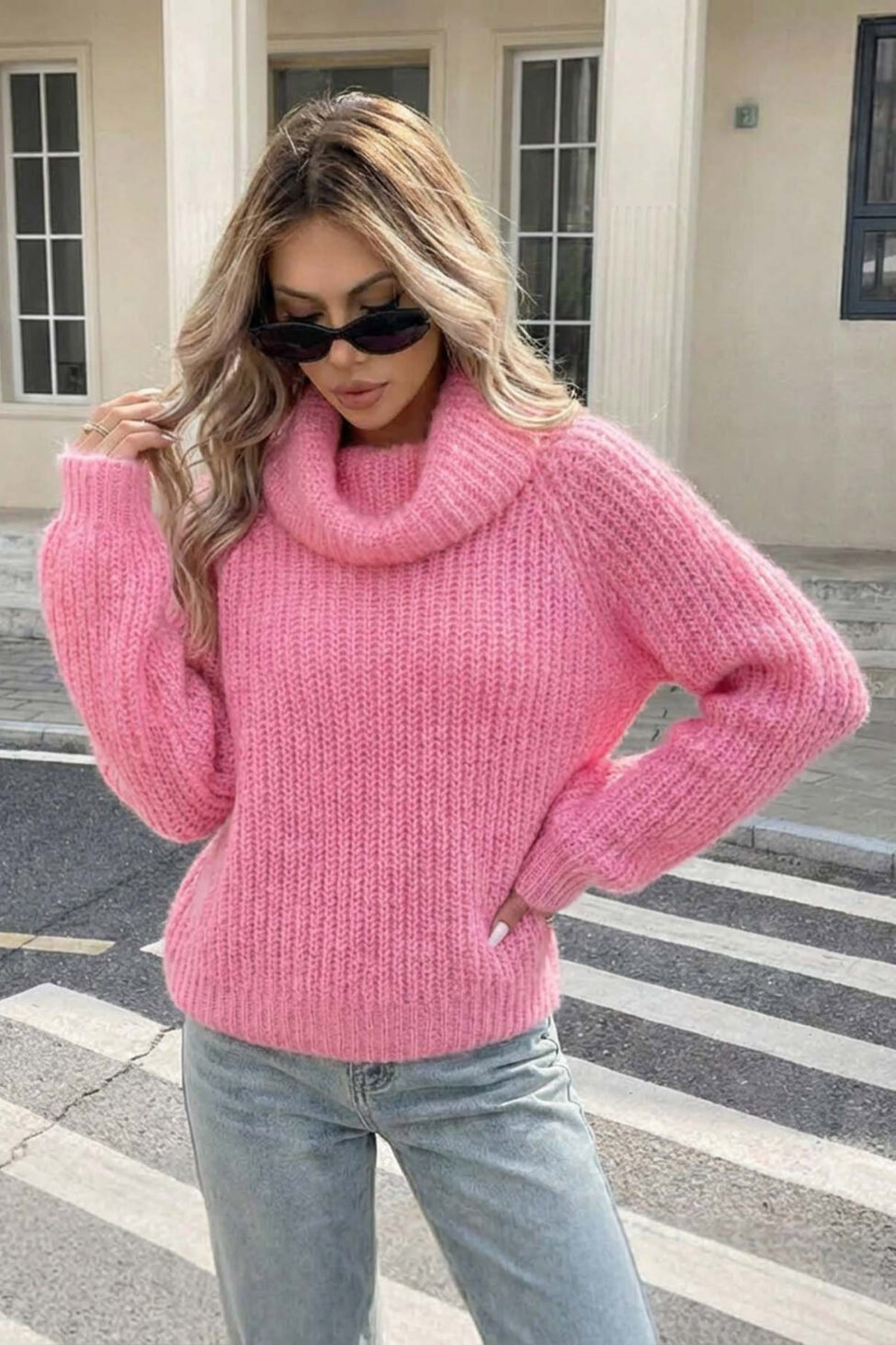 Aaron πουλόβερ με φαρδύ ζιβάγκο πλεκτό ροζ - Image 2