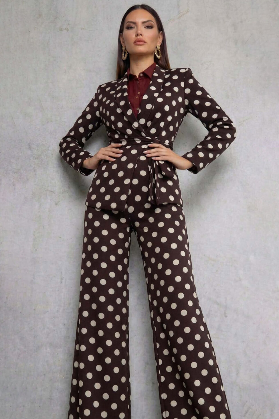 Agnetha σετ σακάκι παντελόνι πουά καφέ - Image 2