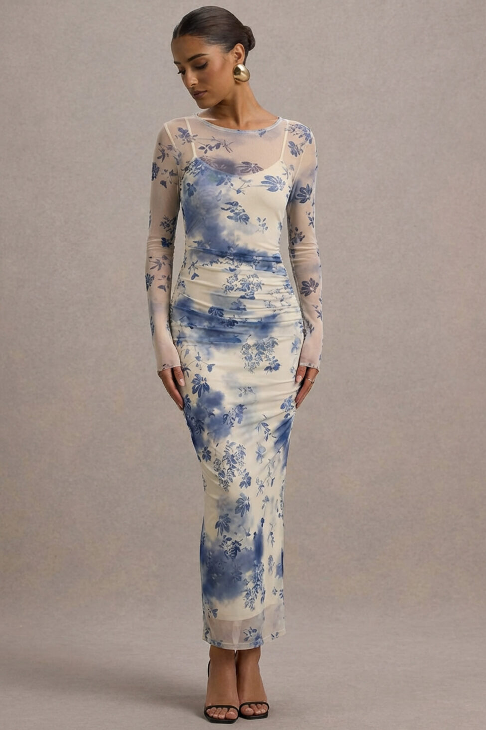 Aurelia Φόρεμα μαξι φλοραλ εφαρμοστό με διάφανο μανίκι λευκό - Image 2