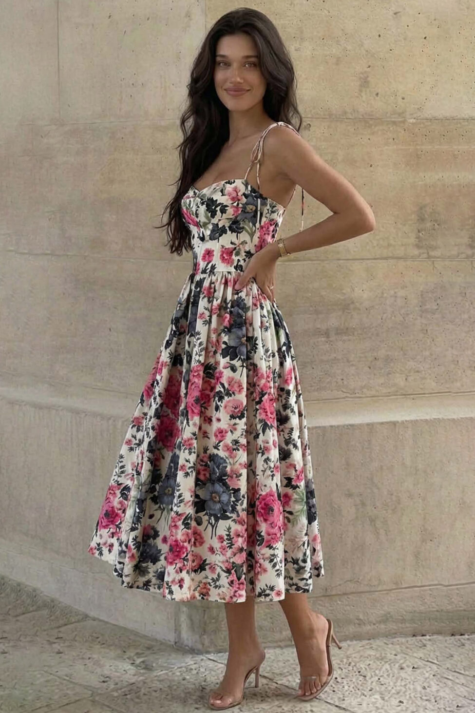 Belleza μίντι φλοράλ φόρεμα φούξια - Image 2