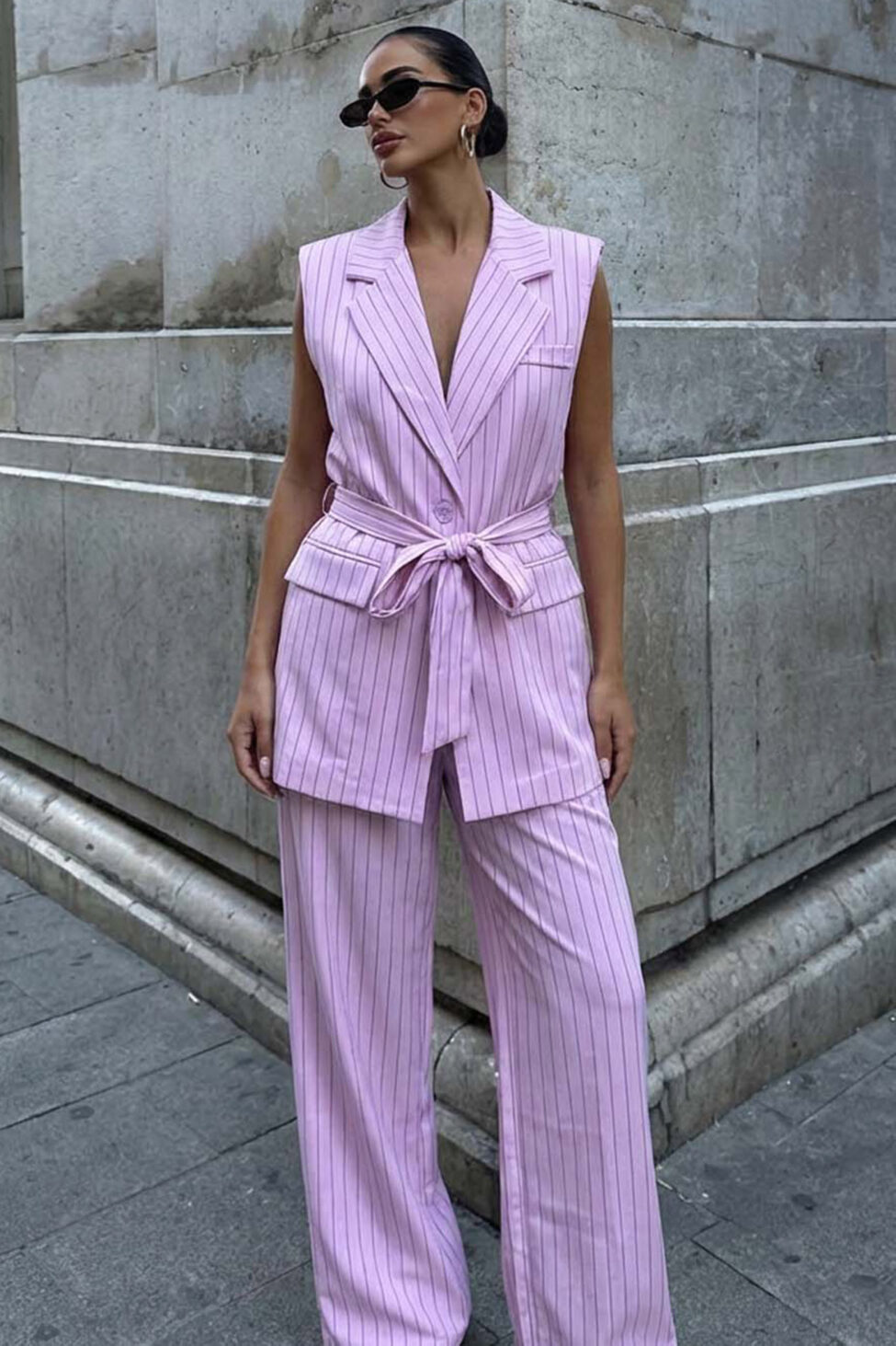 Bimbo σετ γιλέκο παντελόνι ριγέ με ζωνάκι λιλά - Image 2