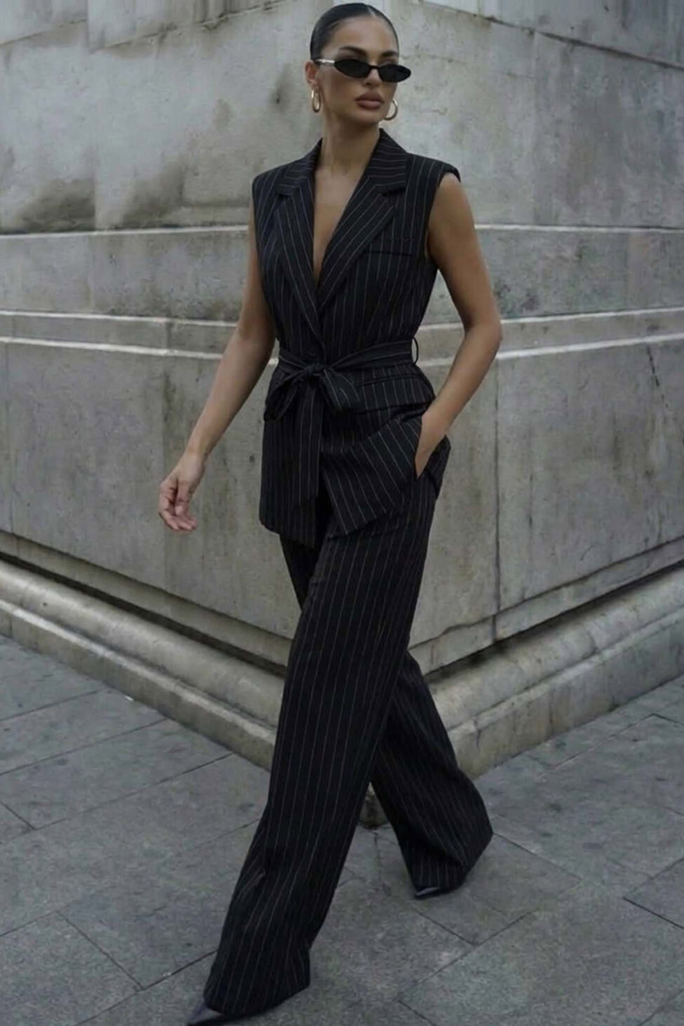 Bimbo σετ γιλέκο παντελόνι ριγέ με ζωνάκι μαύρο - Image 2