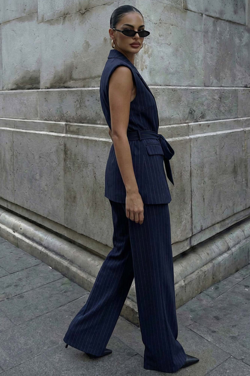 Bimbo σετ γιλέκο παντελόνι ριγέ με ζωνάκι μπλε σκούρο - Image 2