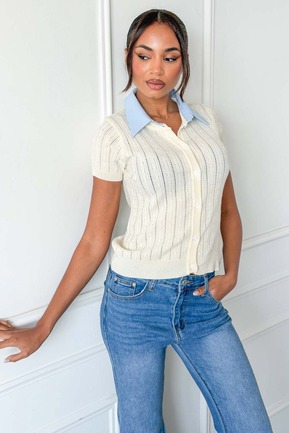 Convo κοντομάνικη ζακέτα εκρού - Image 3