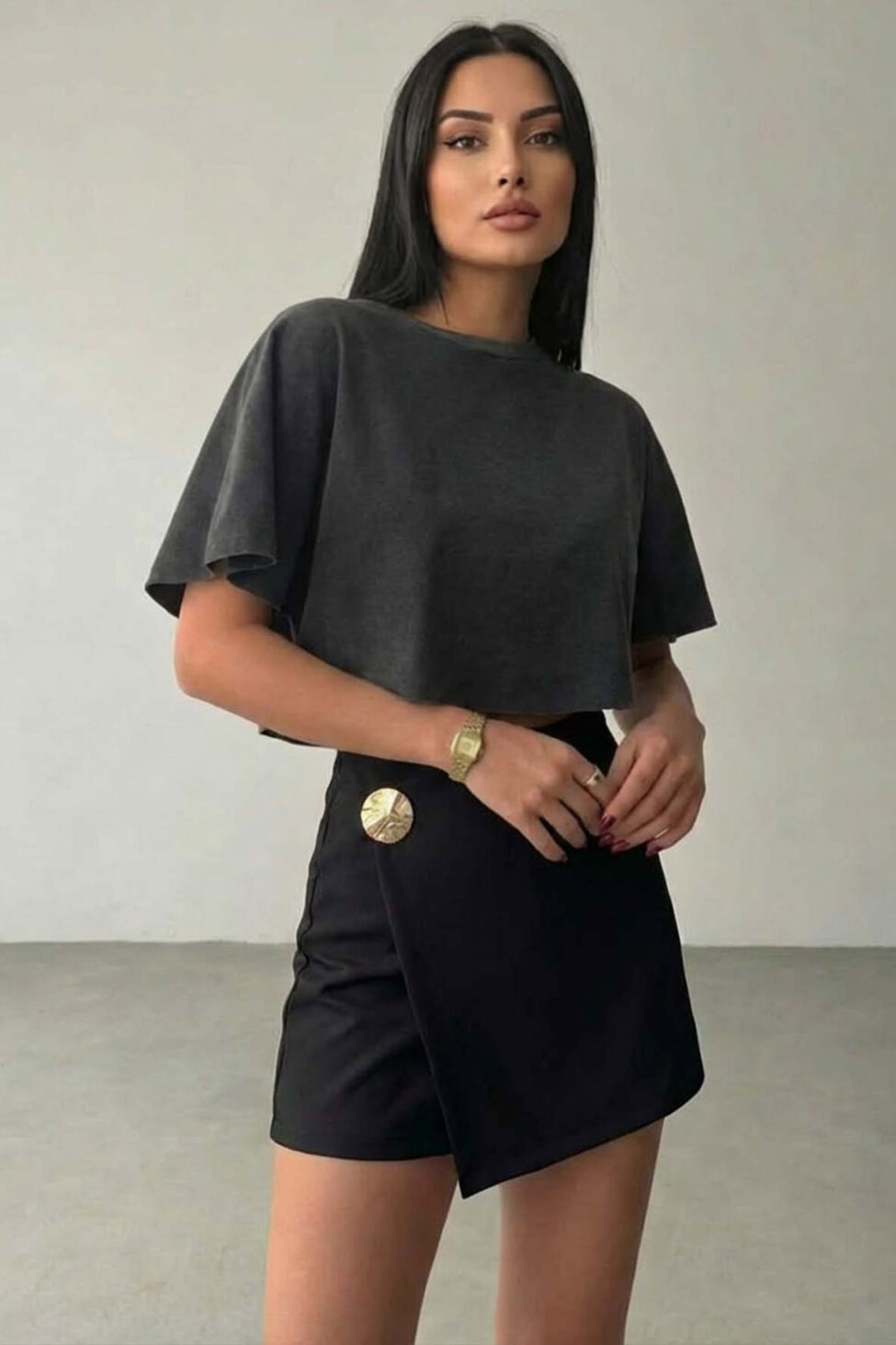 Dandelion μίνι φούστα σορτς με κρουαζέ σχέδιο μαύρο - Image 2