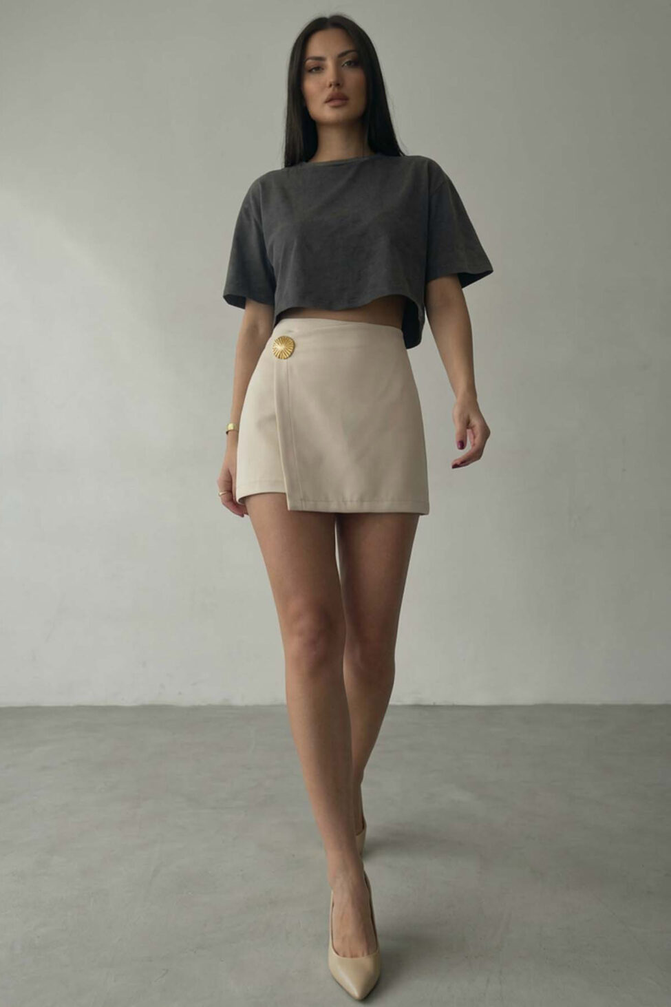 Dandelion μίνι φούστα σορτς με κρουαζέ σχέδιο μπεζ - Image 2