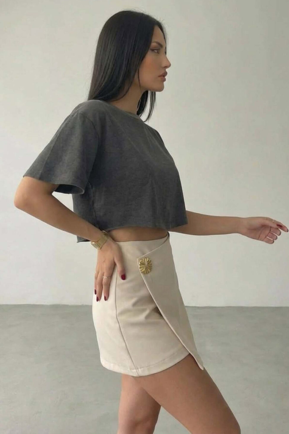 Dandelion μίνι φούστα σορτς με κρουαζέ σχέδιο μπεζ - Image 3