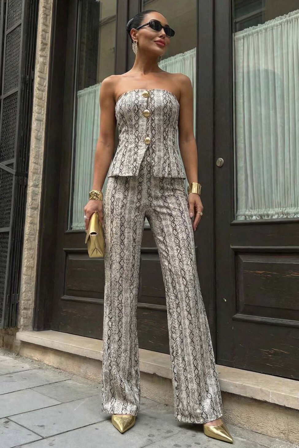 Elvina σετ τοπ παντελόνι εμπριμέ μπεζ - Image 2