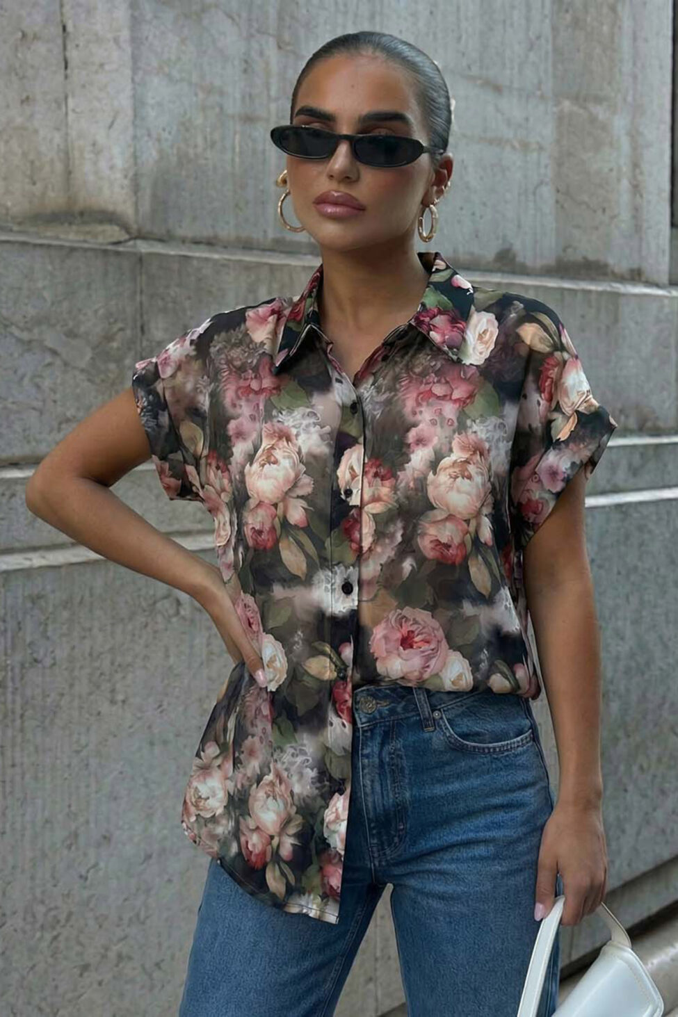 Florina πουκάμισο φλοράλ κοντομάνικο μαύρο - Image 2