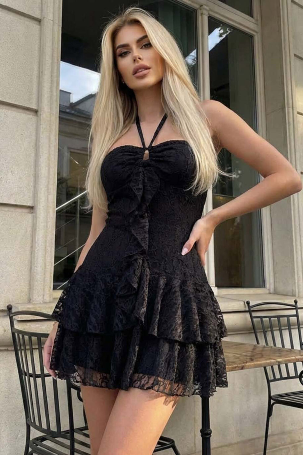 Grace φόρεμα μίνι με δαντέλα και βολάν μαύρο - Image 2