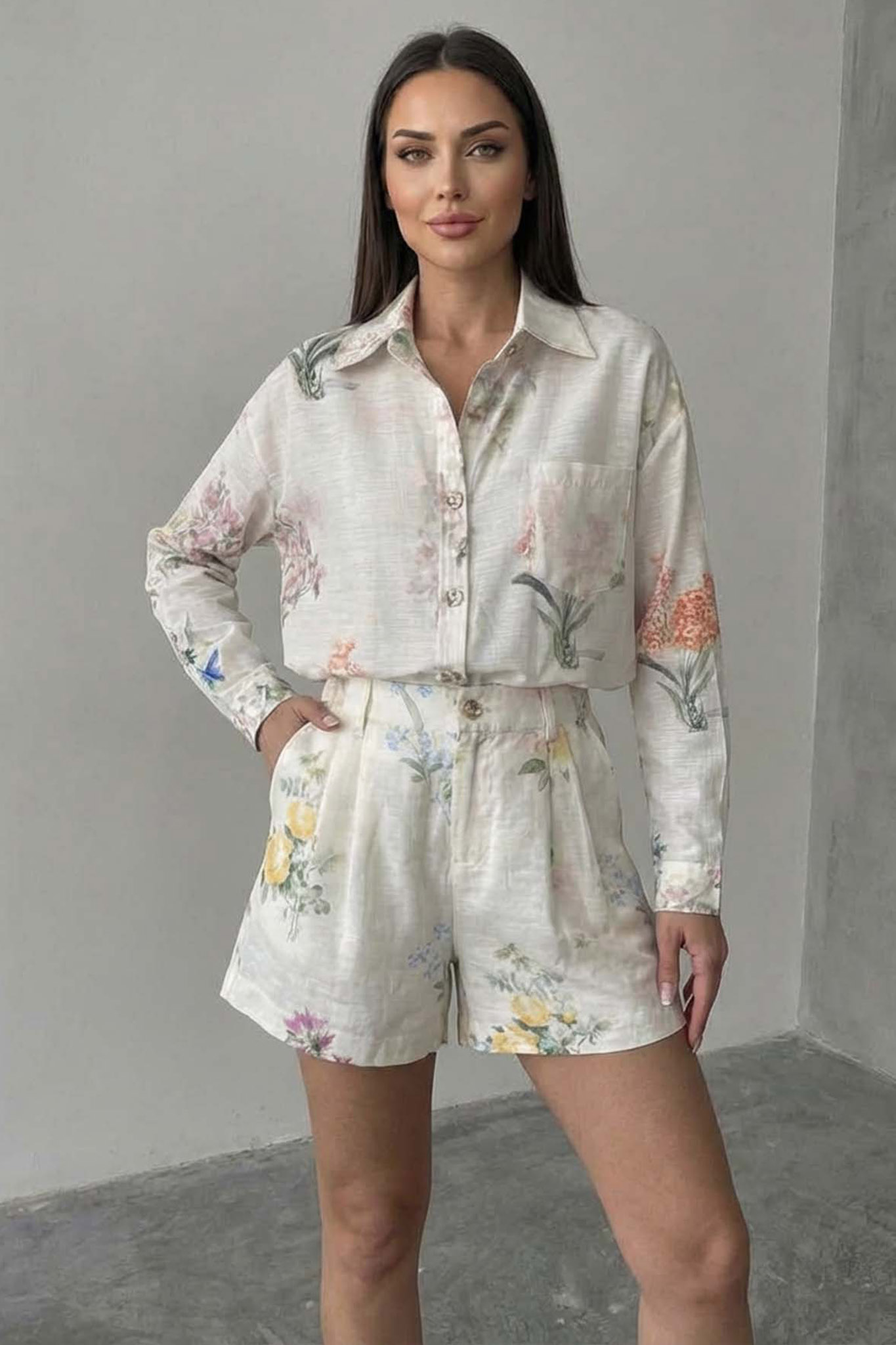 Gratia σετ πουκάμισο σορτς φλοράλ εκρού - Image 1