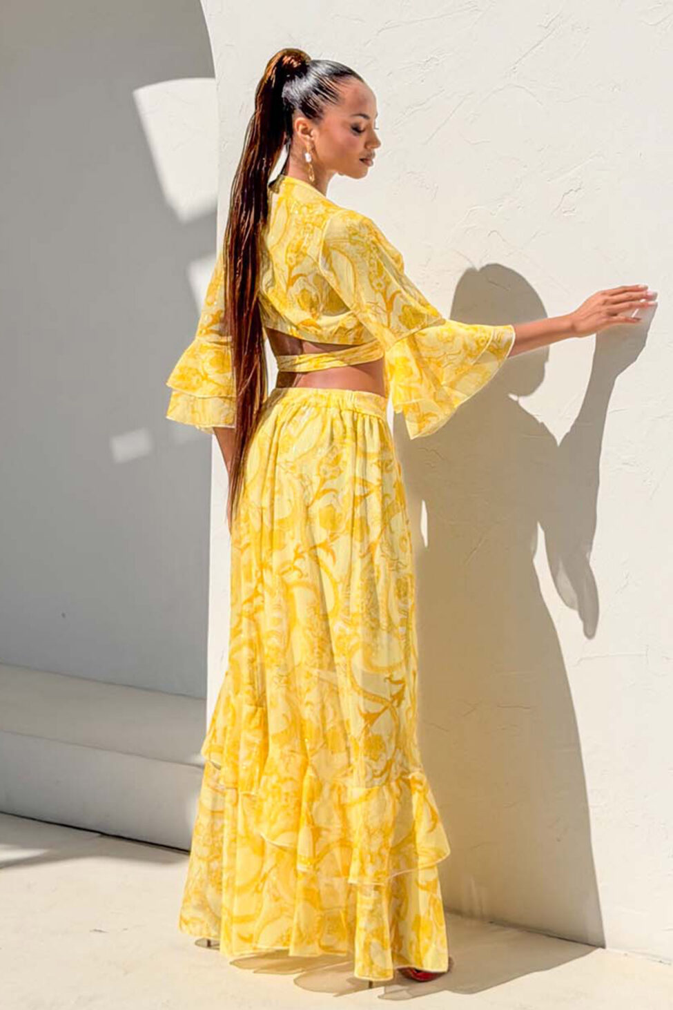 Hasna boho σετ τοπ-παντελόνα με λαχούρια κίτρινο - Image 3