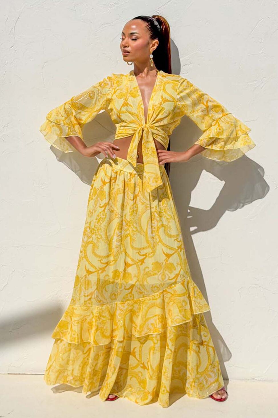 Hasna boho σετ τοπ-παντελόνα με λαχούρια κίτρινο - Image 4