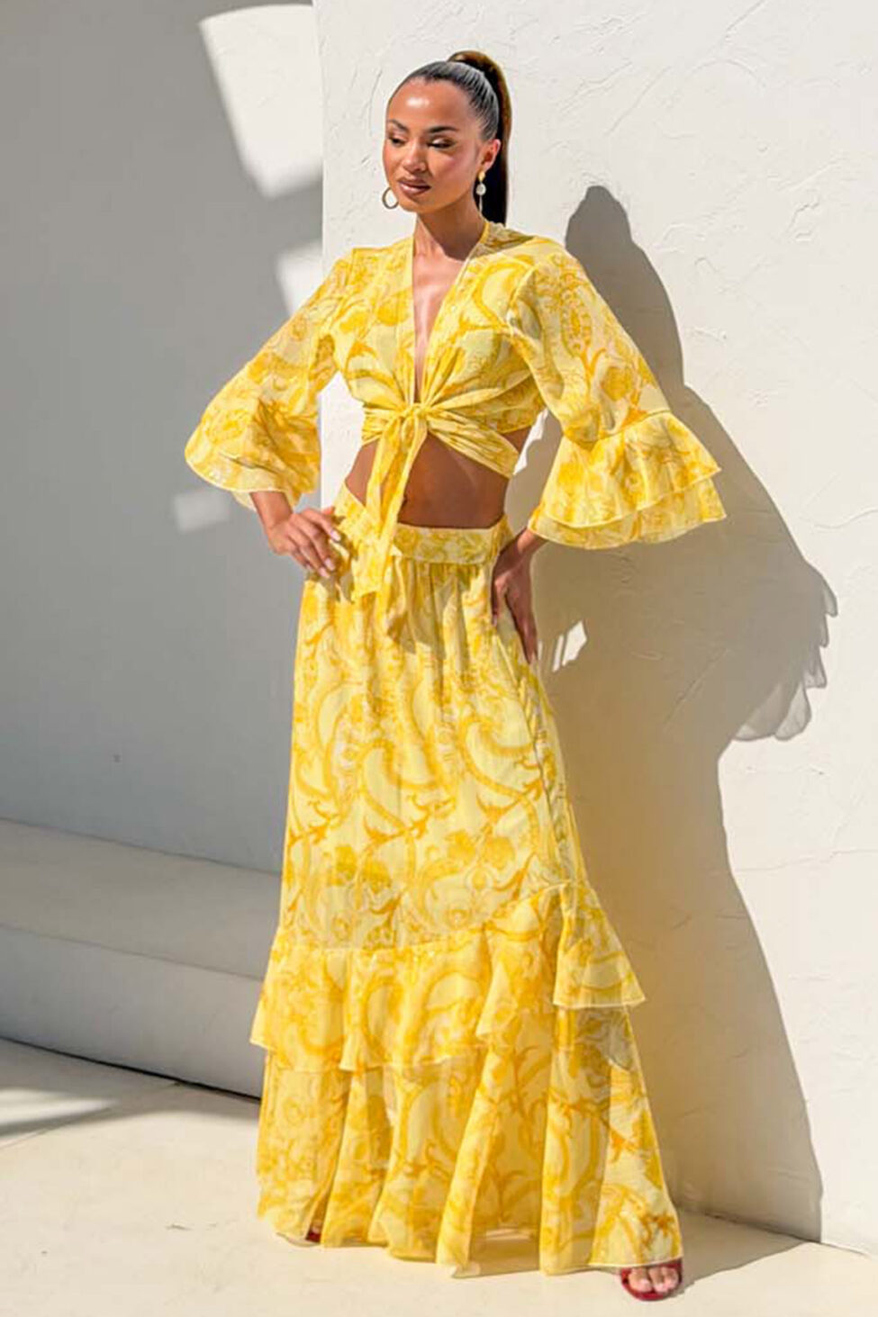 Hasna boho σετ τοπ-παντελόνα με λαχούρια κίτρινο - Image 5