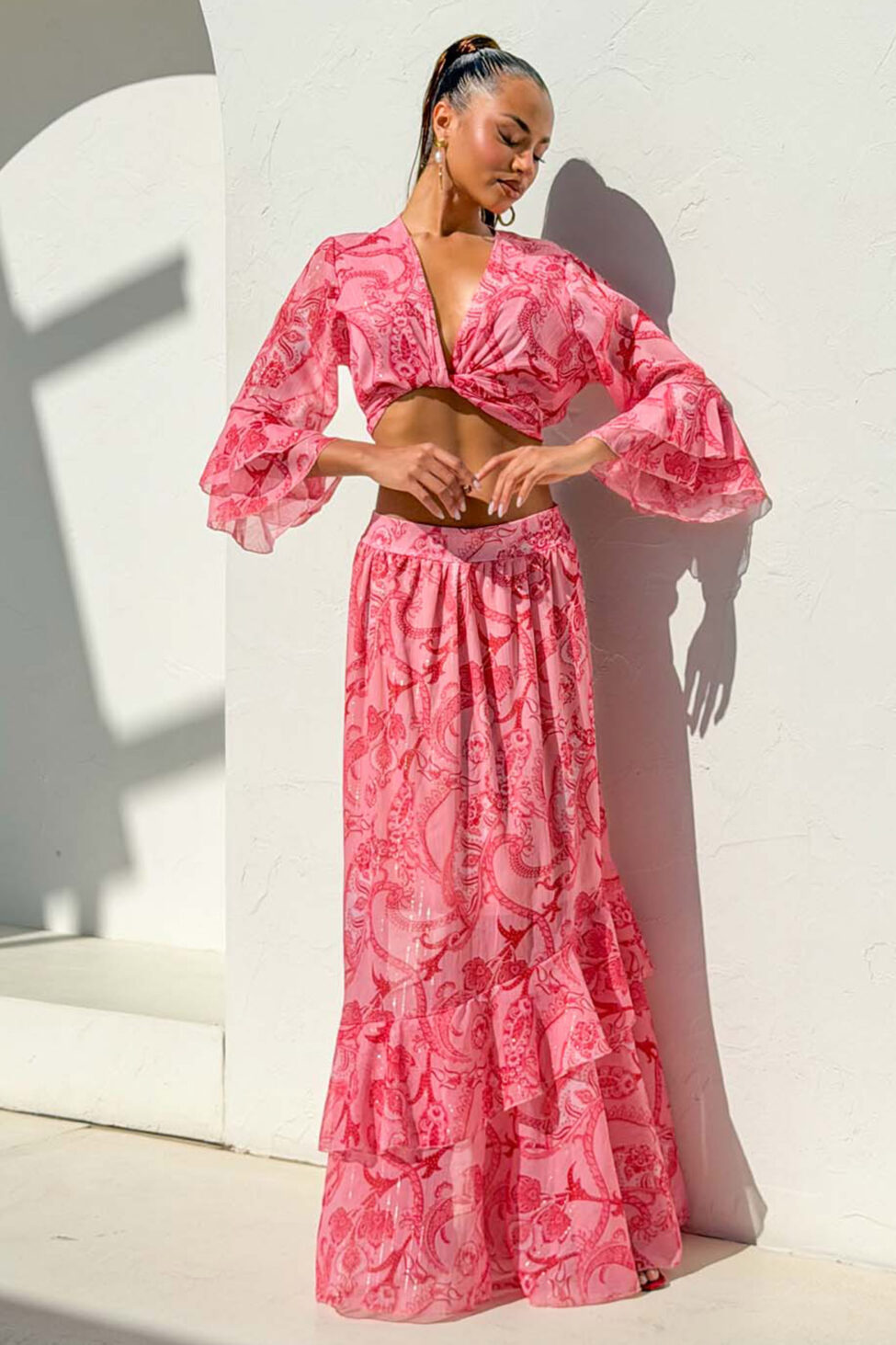 Hasna boho σετ τοπ-παντελόνα με λαχούρια κόκκινο - Image 2