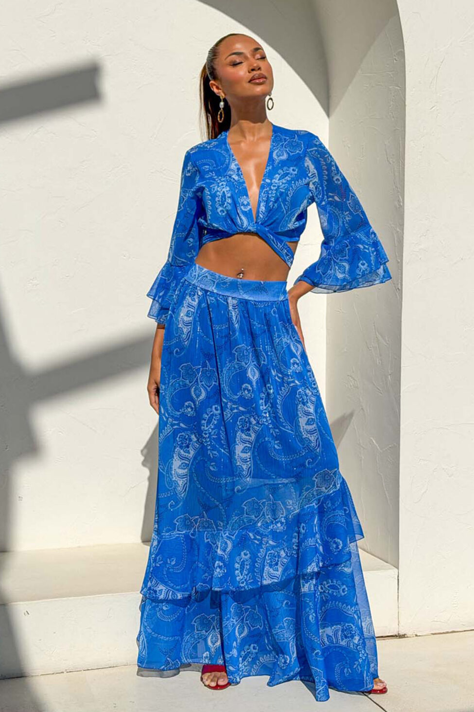 Hasna boho σετ τοπ-παντελόνα με λαχούρια μπλε ρουά - Image 2