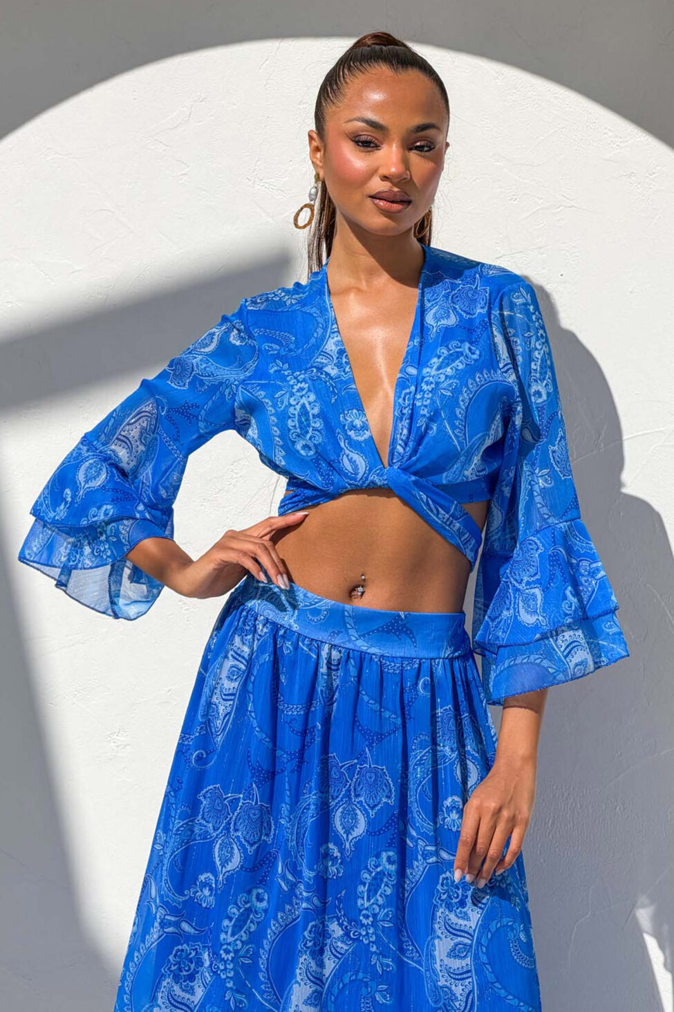 Hasna boho σετ τοπ-παντελόνα με λαχούρια μπλε ρουά - Image 3