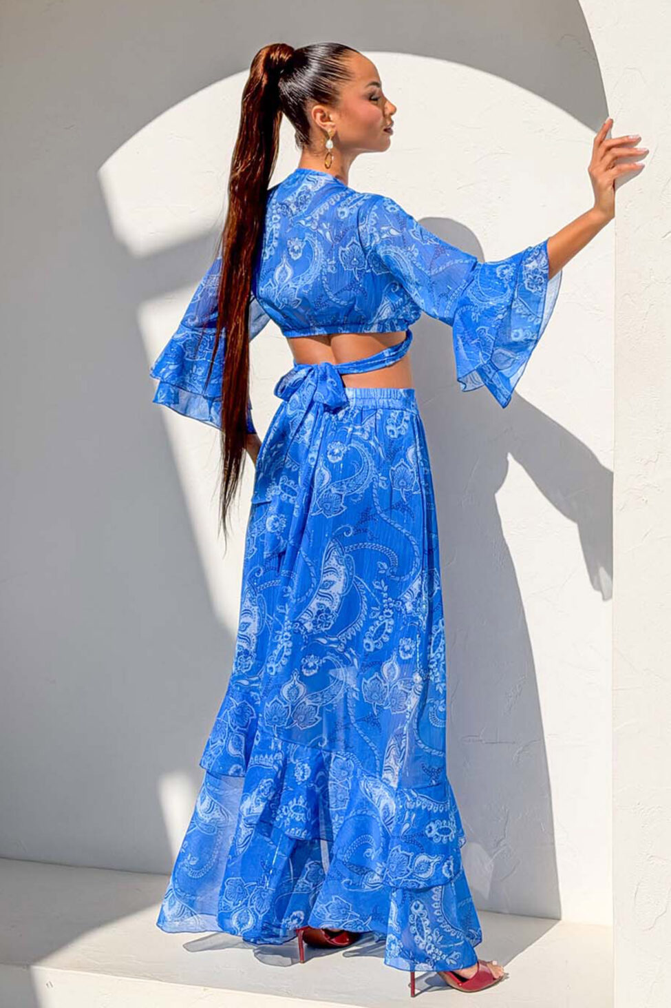 Hasna boho σετ τοπ-παντελόνα με λαχούρια μπλε ρουά - Image 4
