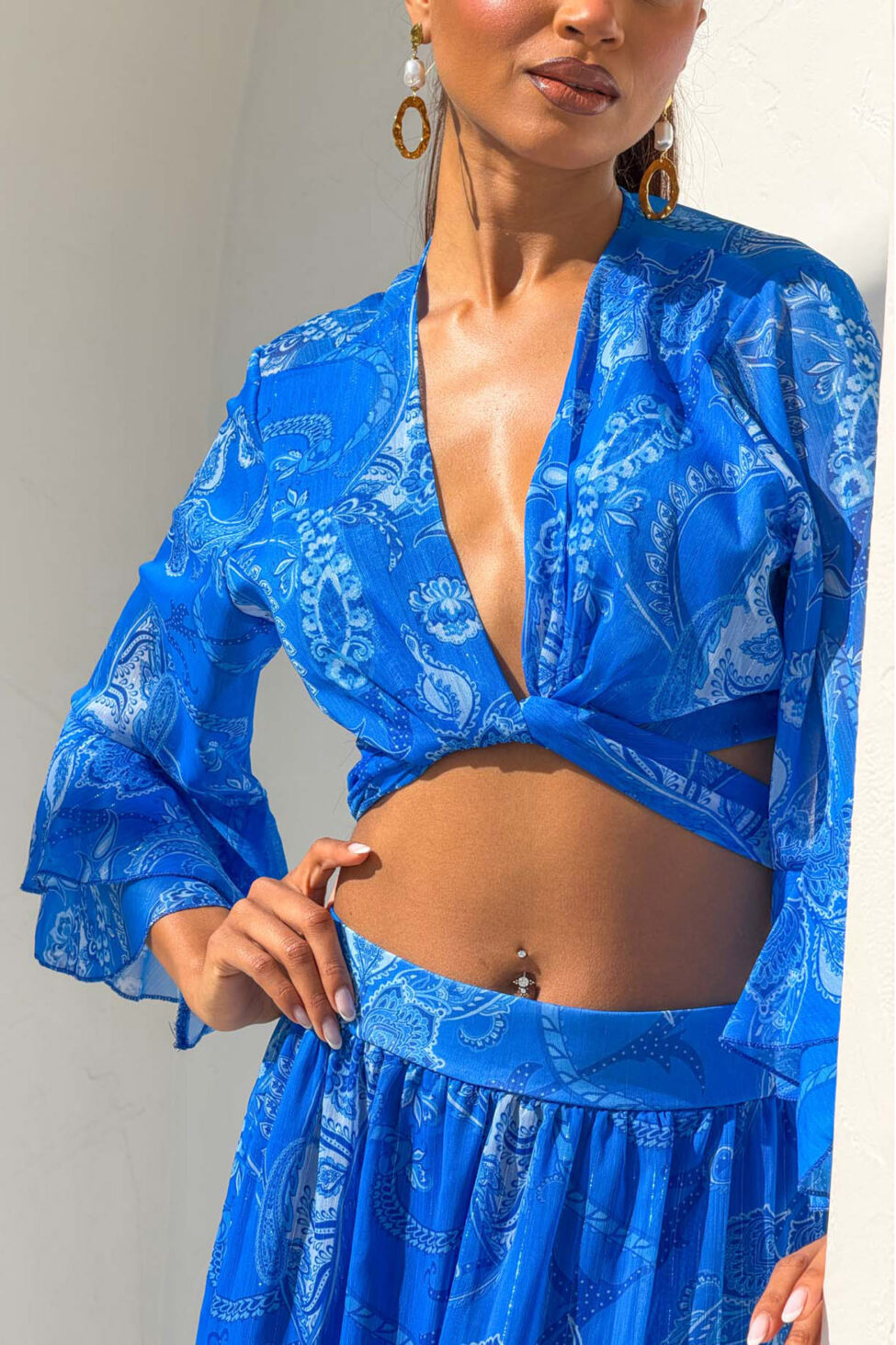 Hasna boho σετ τοπ-παντελόνα με λαχούρια μπλε ρουά - Image 5