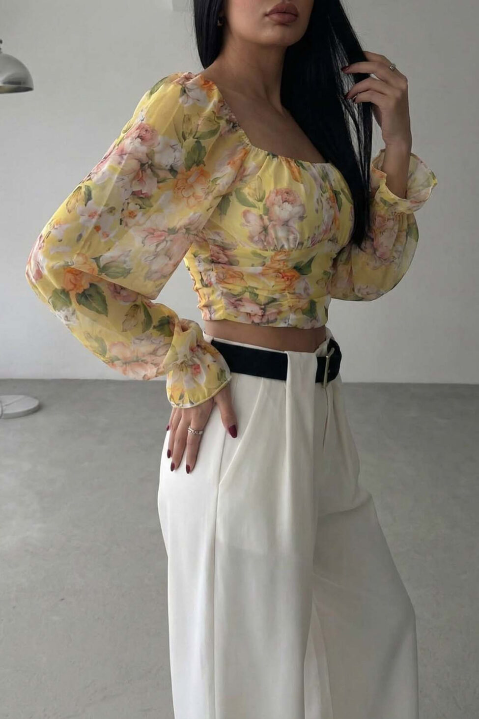 Idalia φλοράλ μπλούζα με σούρες κίτρινο - Image 2