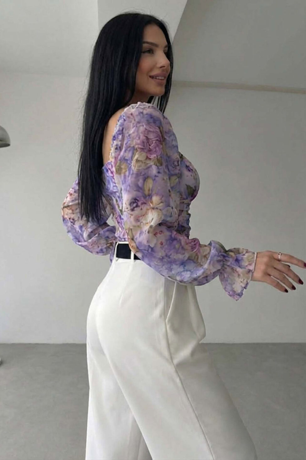 Idalia φλοράλ μπλούζα με σούρες λιλά - Image 2