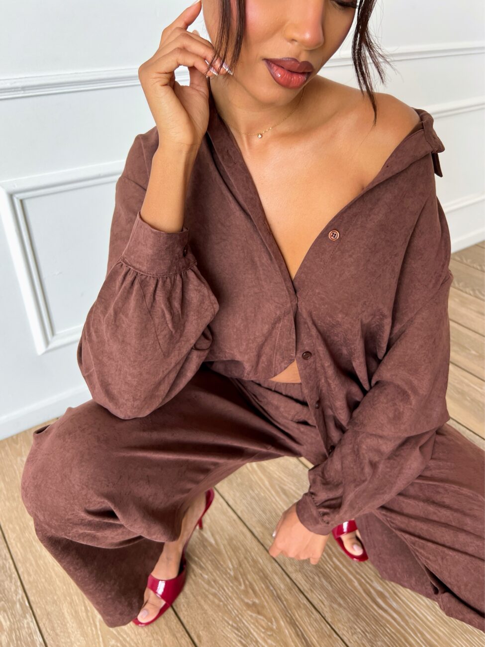 Ismera σετ πουκάμισο παντελόνι καφέ - Image 2