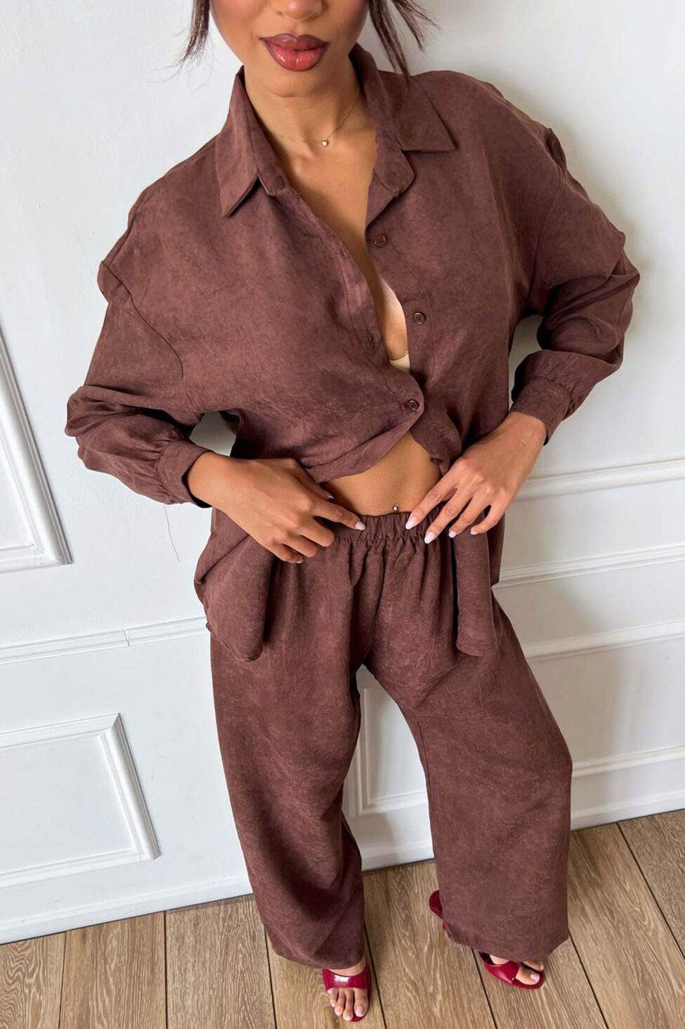 Ismera σετ πουκάμισο παντελόνι καφέ - Image 3