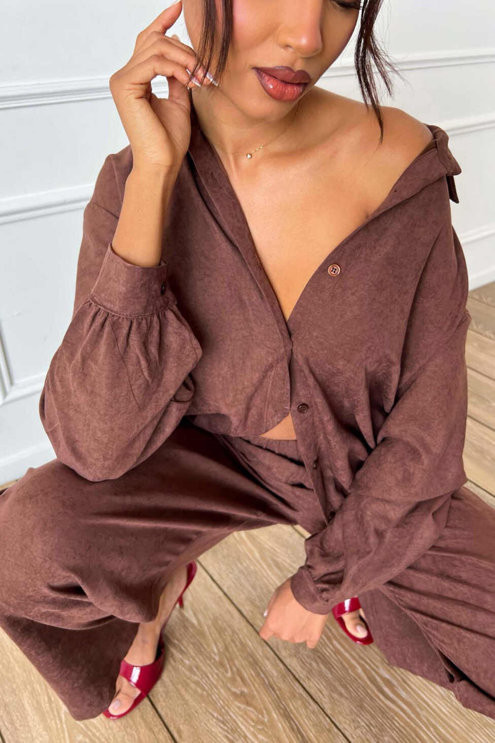 Ismera σετ πουκάμισο παντελόνι καφέ - Image 4