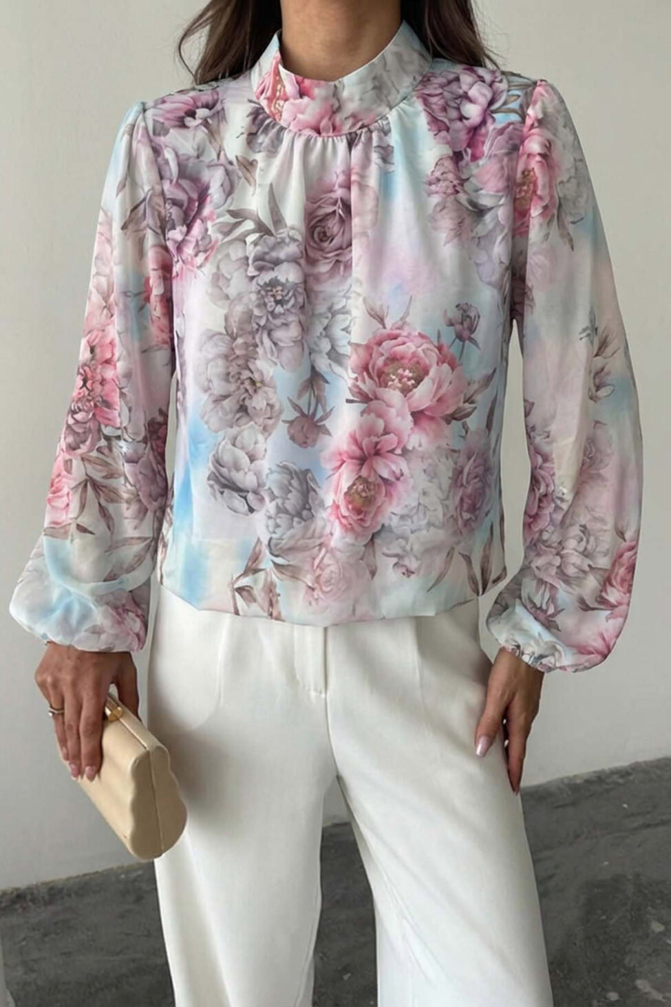 Leif μπλούζα φλοράλ με ψηλό γιακά ροζ - Image 2