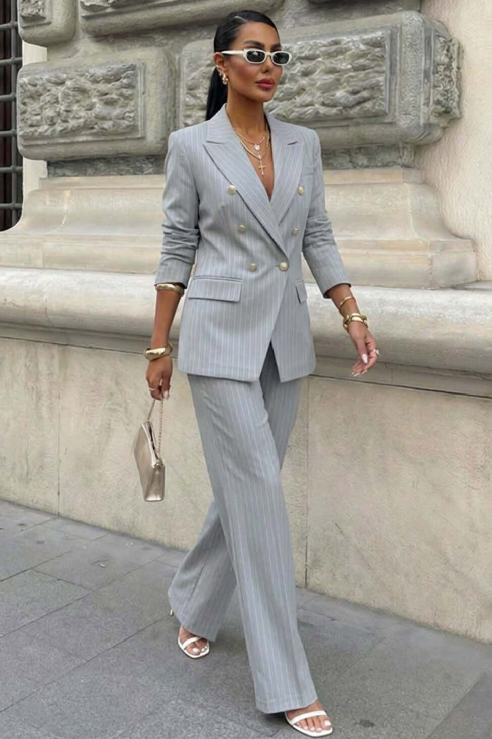 Lilian σετ ριγέ σακάκι παντελόνι γκρι - Image 2