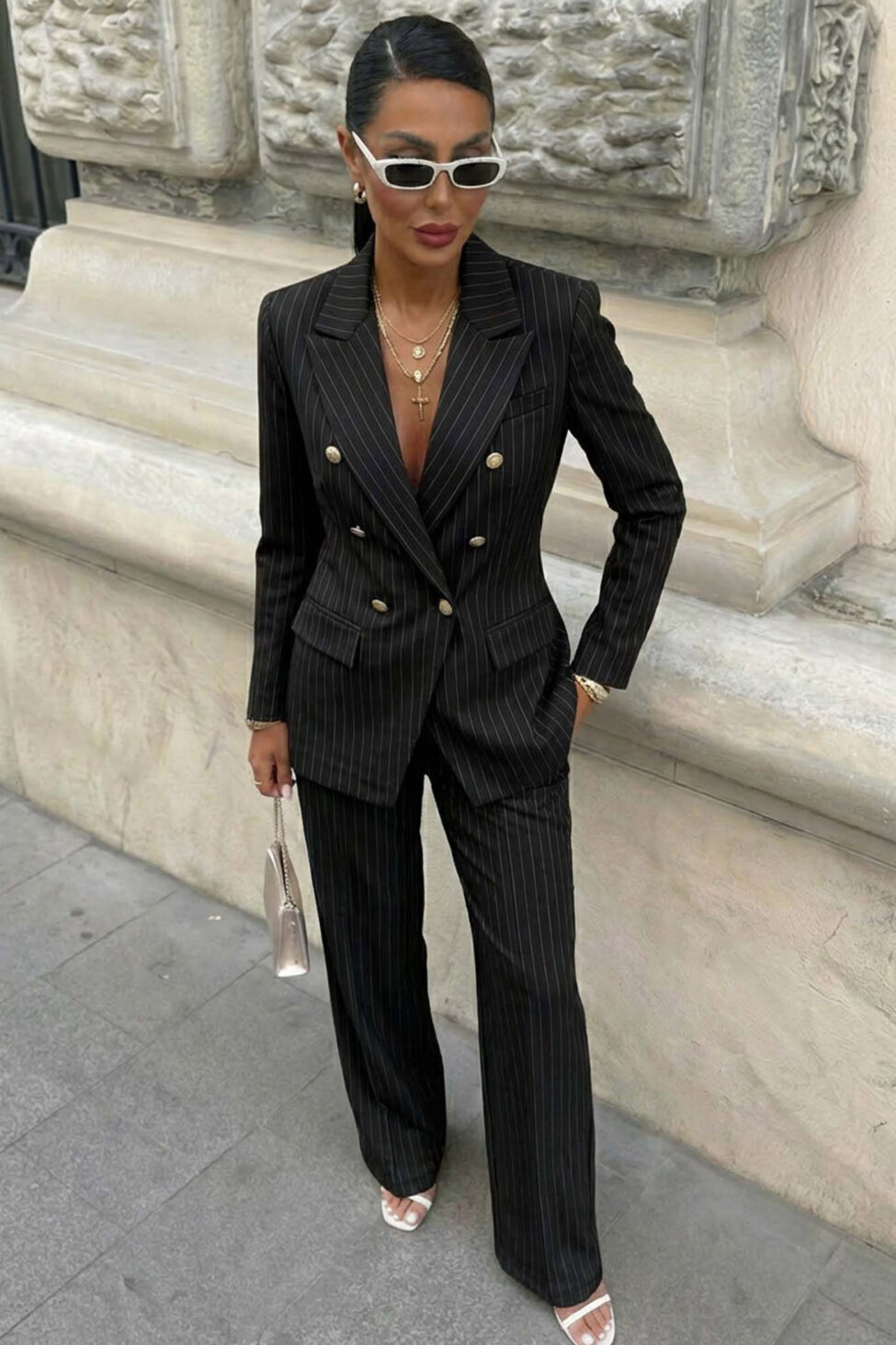 Lilian σετ ριγέ σακάκι παντελόνι μαύρο - Image 2