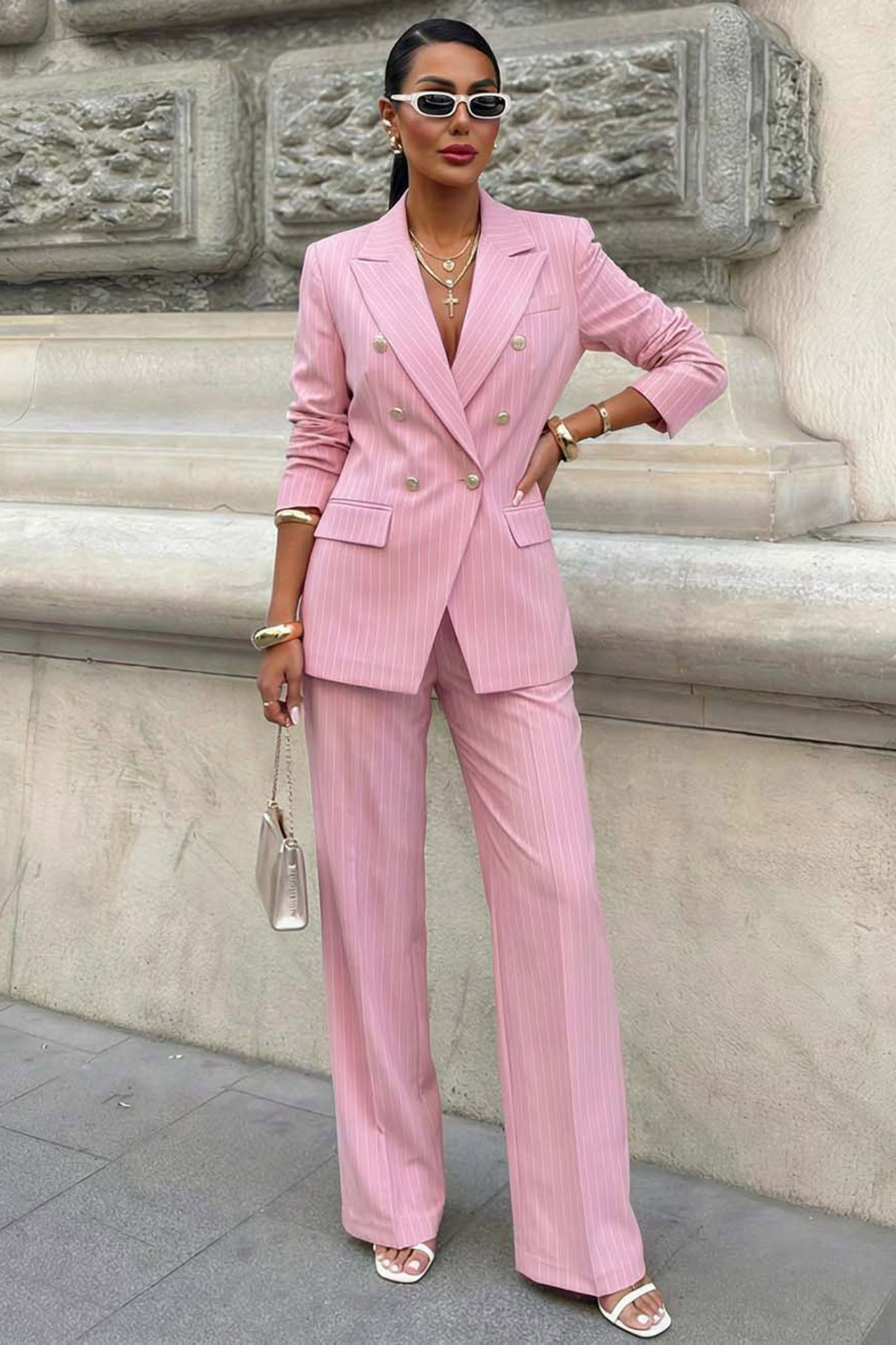 Lilian σετ ριγέ σακάκι παντελόνι ροζ Lilian σετ ριγέ σακάκι παντελόνι ροζ - Image 1