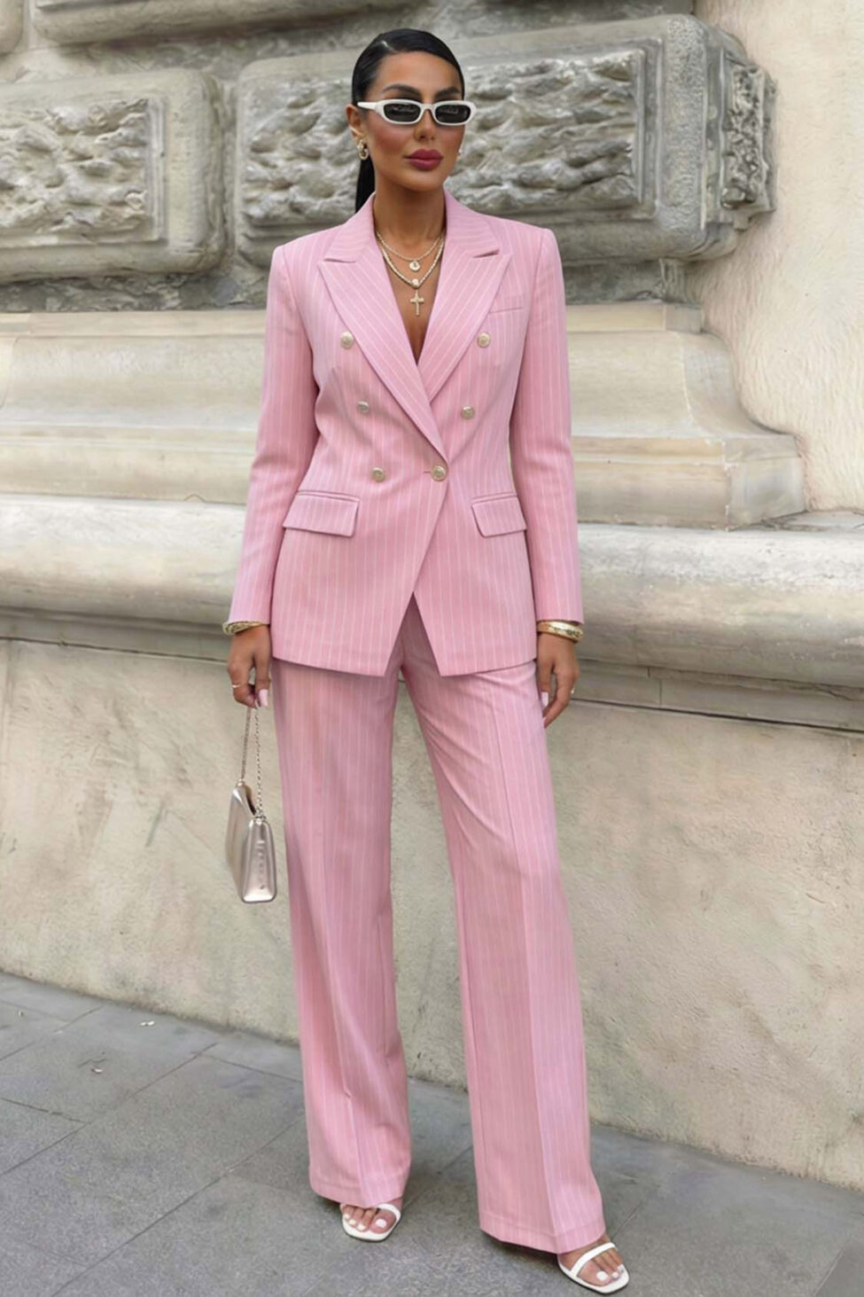 Lilian σετ ριγέ σακάκι παντελόνι ροζ - Image 2